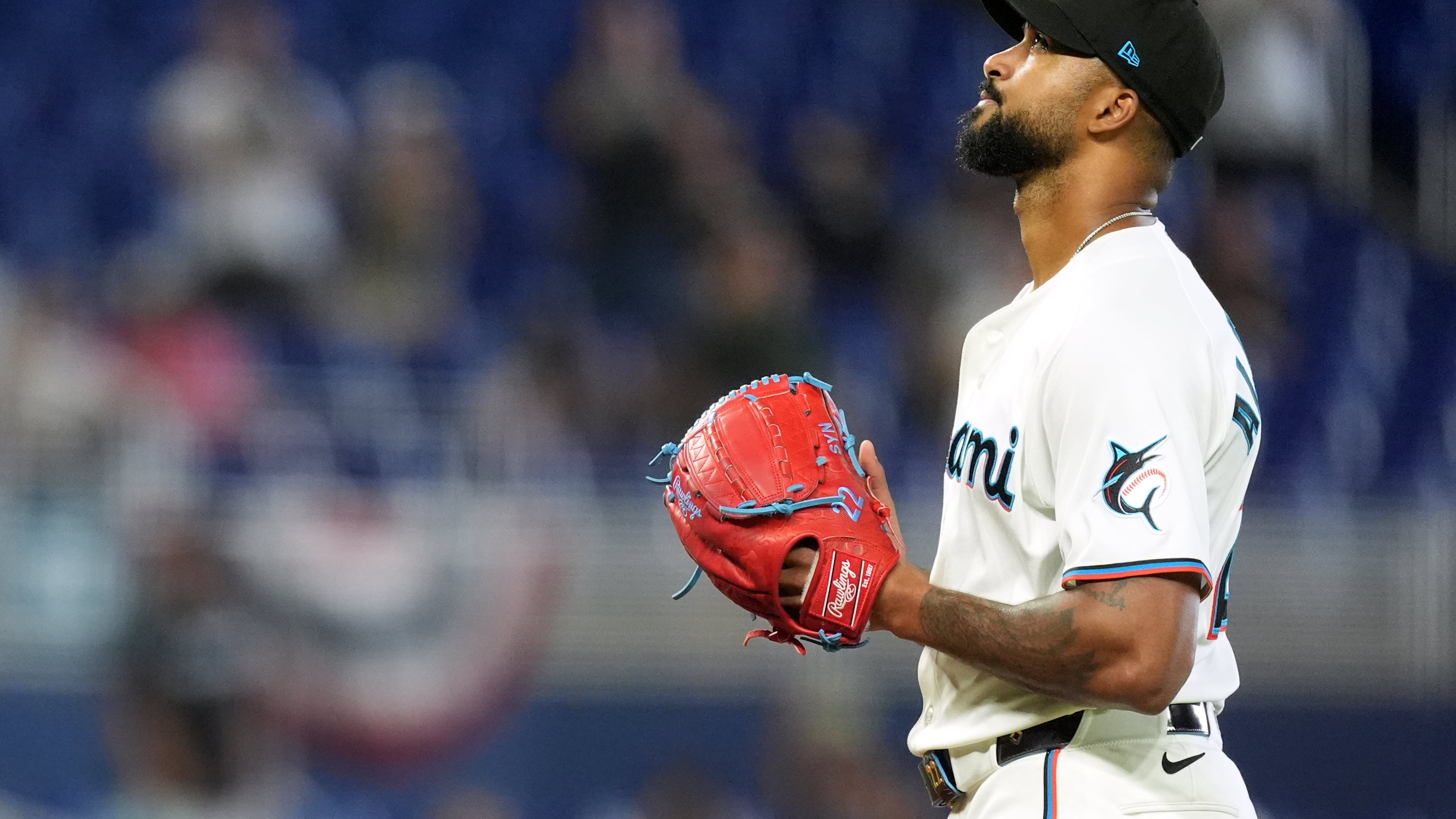 Miami Marlins starting pitcher Sandy Alcantara reacts cooly after pitching a complete game shut out baseball game against the Chicago White Sox, Wednesday, April 1, 2026, in Miami. (AP Photo/Rebecca Blackwell)
