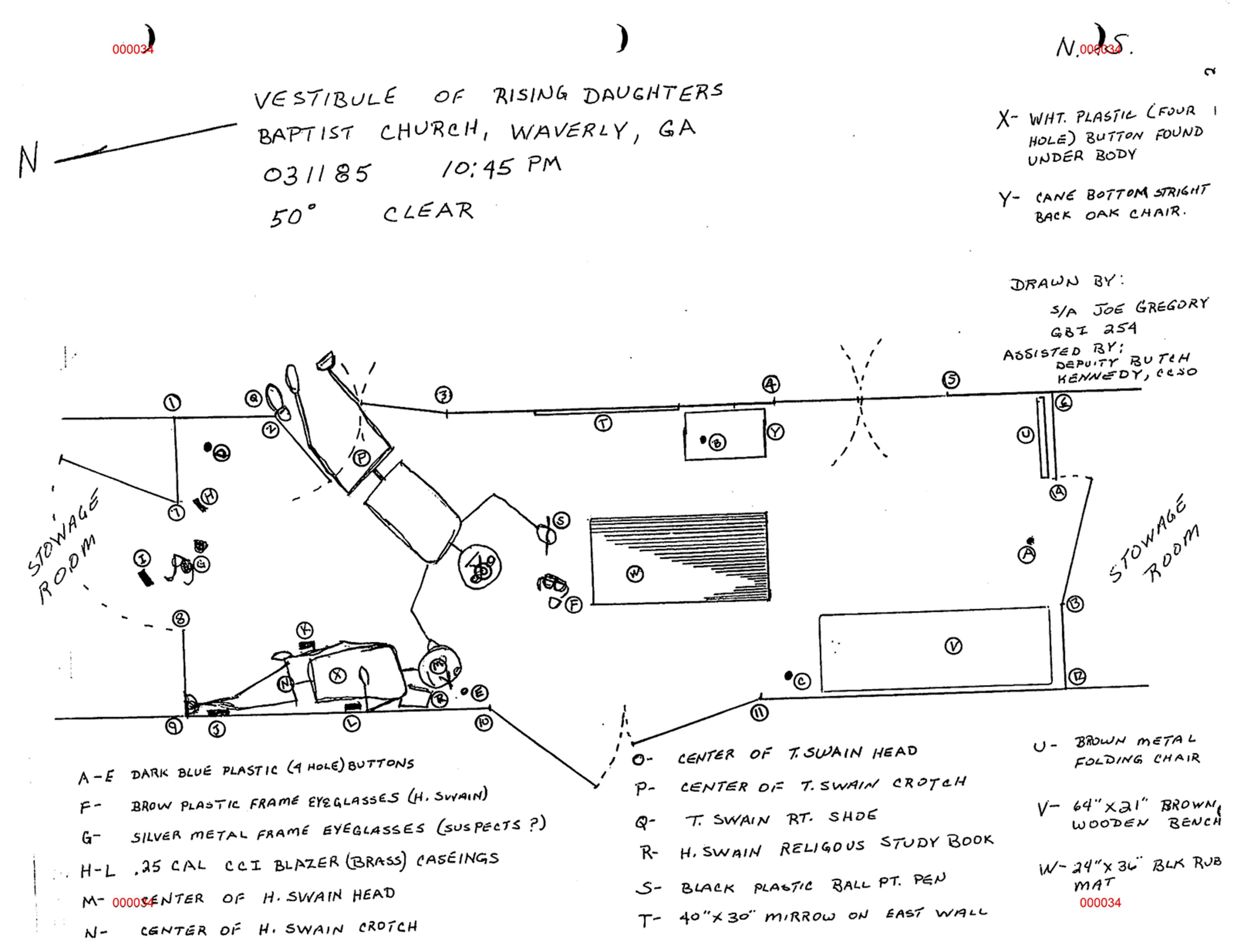 GBI agent Joe Gregory created this sketch of the church foyer during the original investigation. Thelma Swain's legs are shown partially blocking one of the doors to the sanctuary and she has one hand at her husband's head. The broken eyeglasses are shown as "G" with the label "Silver metal frame eyeclasses (suspect's?)."