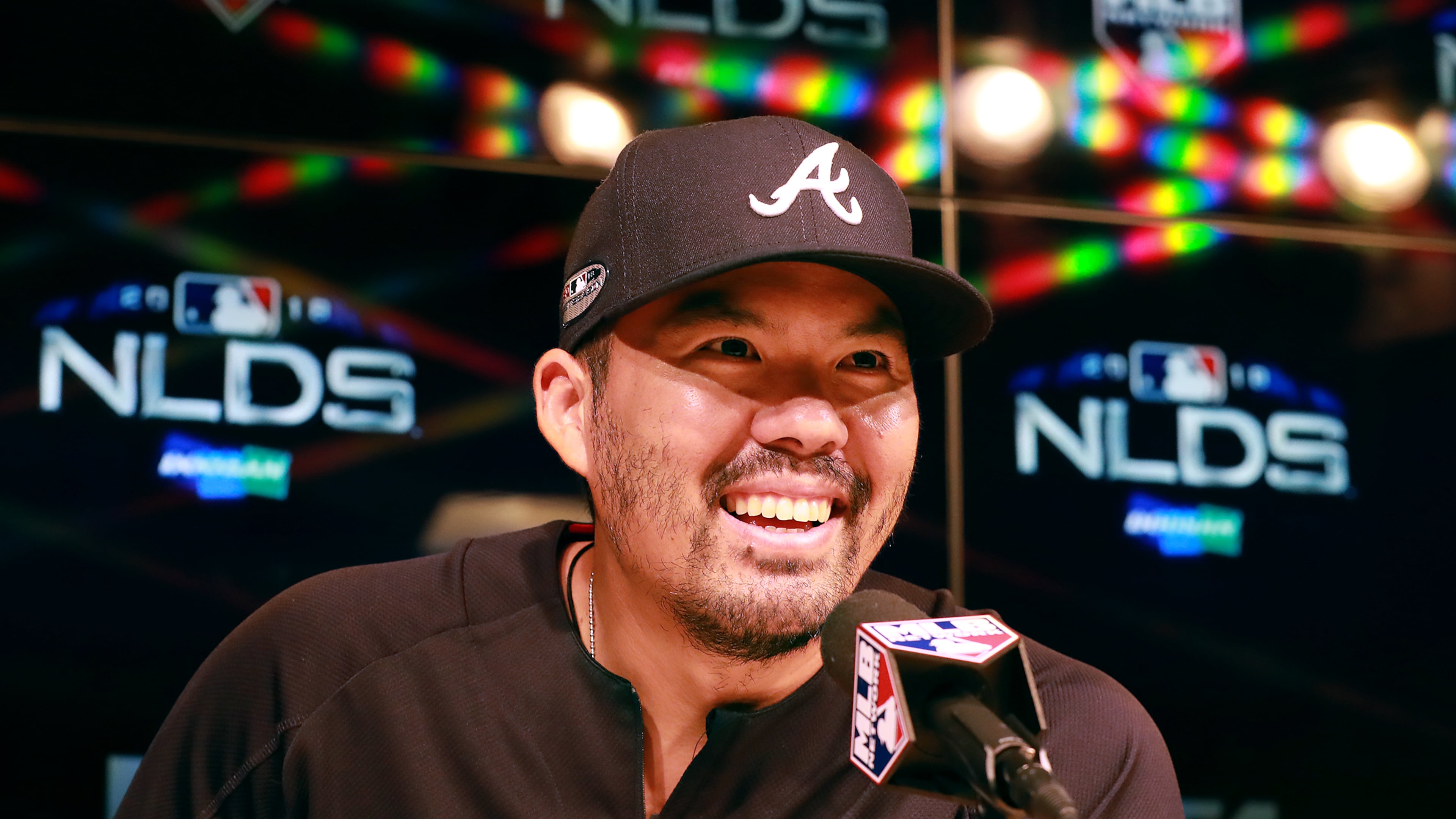 Kurt Suzuki — pictured during a news conference with the Braves during the 2018 NL Division Series — is reportedly the new manager of the Los Angeles Angels after spending his postretirement career with the club as a special assistant to the general manager. (Curtis Compton/AJC 2018)