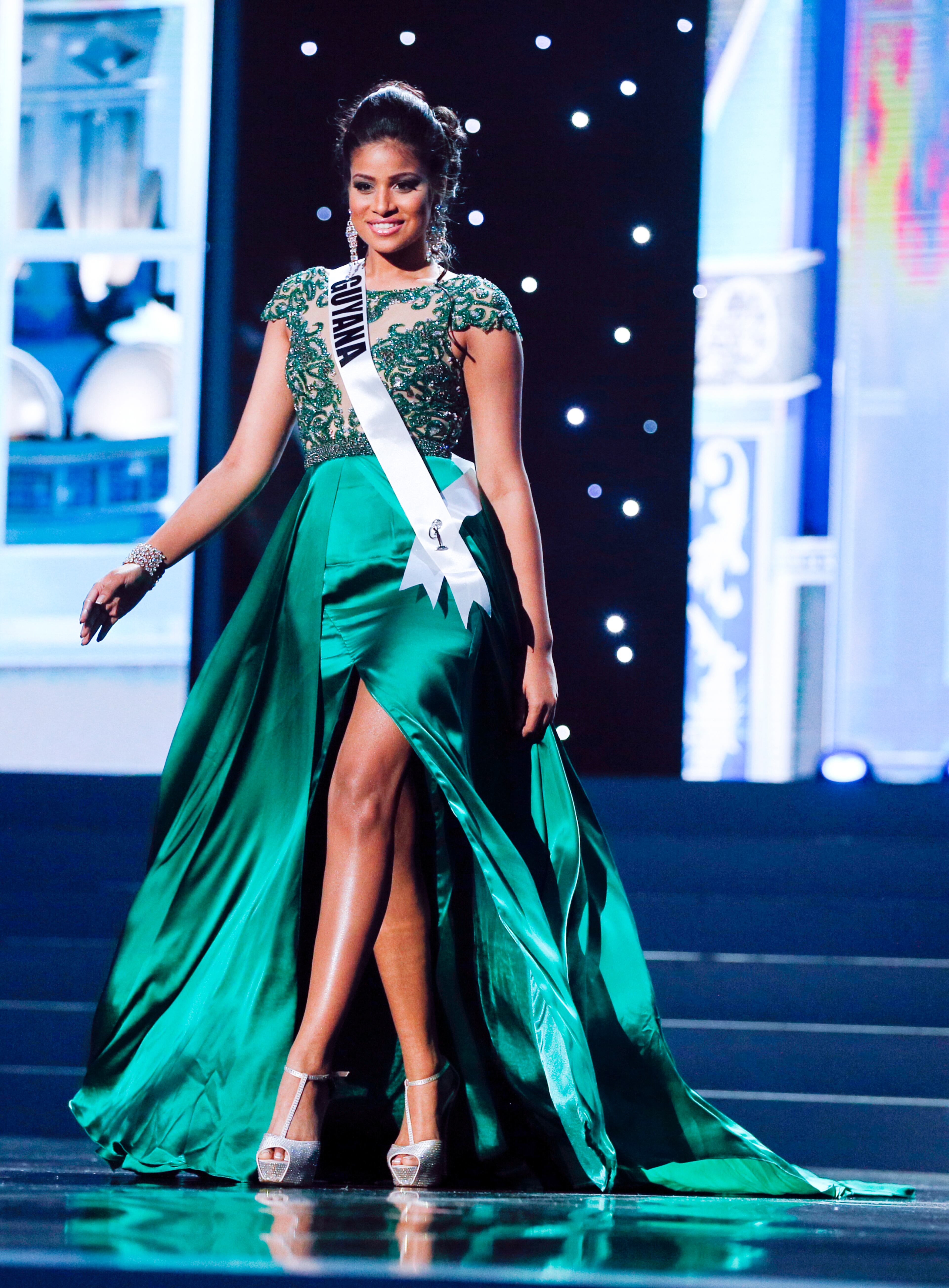 Miss Guyana Katherina Roshana presents herself during the preliminary competition of the 2013 Miss Universe pageant in Moscow, Russia, on Tuesday, Nov. 5, 2013. Beauties will compete for the title of Miss Universe in Moscow on Nov. 9.