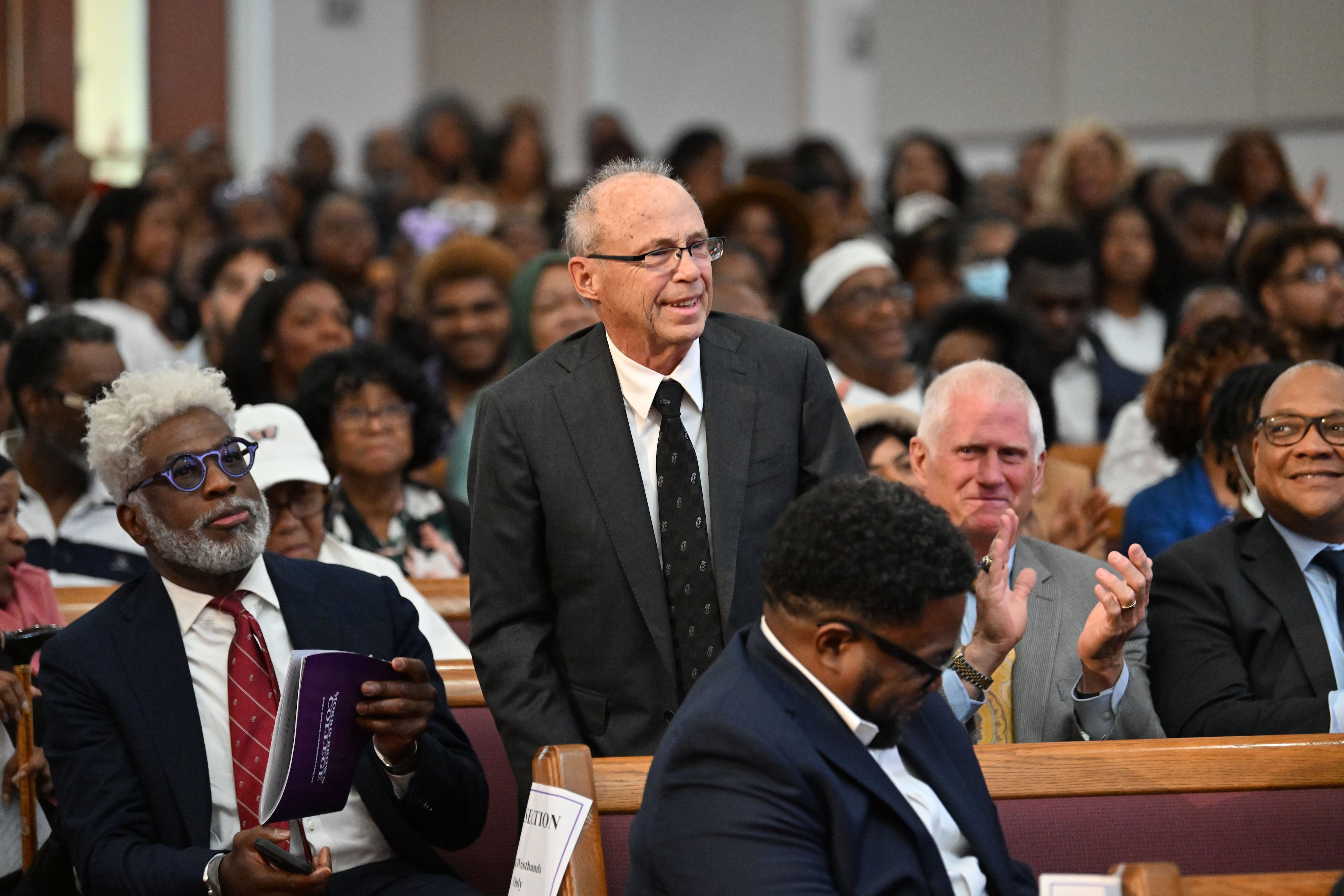 Bubba Cathy, Executive Vice-President, Chick-fil-A; President, Dwarf House, is recognized during the 2025 Morris Brown College commencement exercises at Saint Philip A.M.E. Church, Saturday, May 17, 2025, in Atlanta. (Hyosub Shin / AJC)
