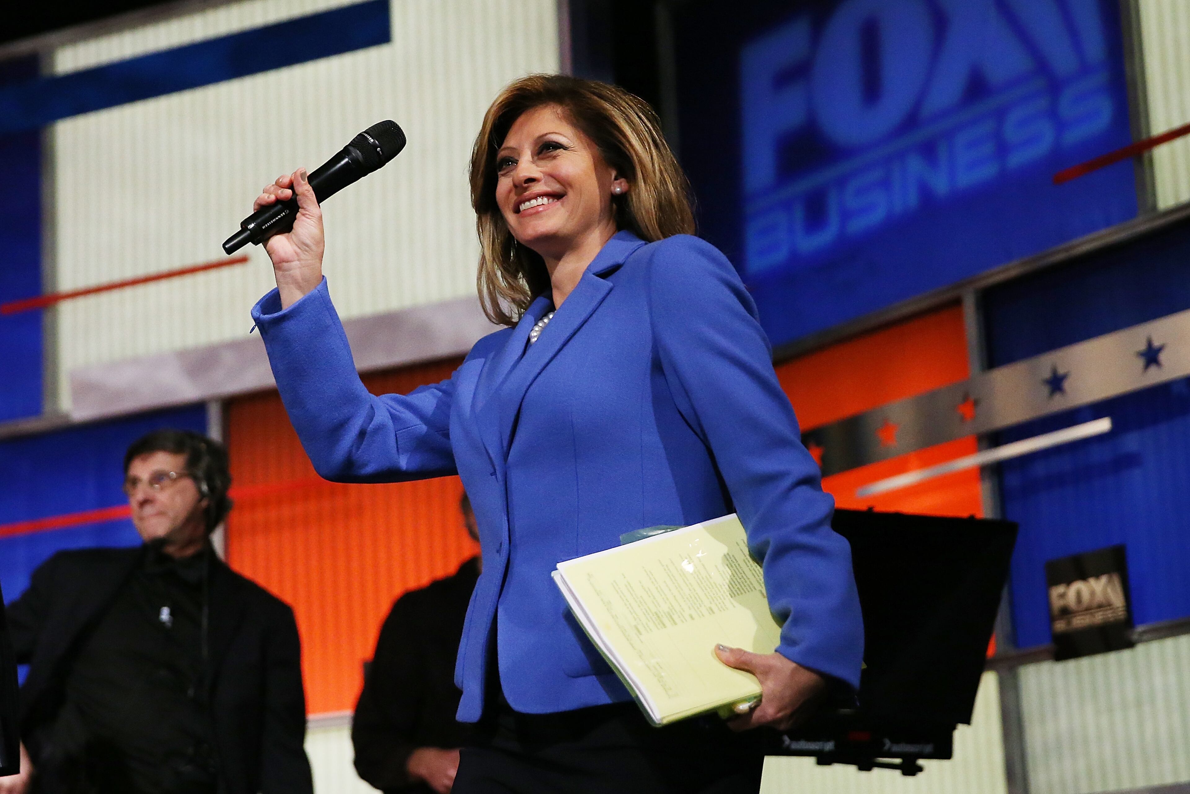 Maria Bartiromo, moderator of the Fox Business Network Republican presidential debate arrives on stage at the North Charleston Coliseum and Performing Arts Center on January 14, 2016 in North Charleston, South Carolina. (Photo by Andrew Burton/Getty Images)