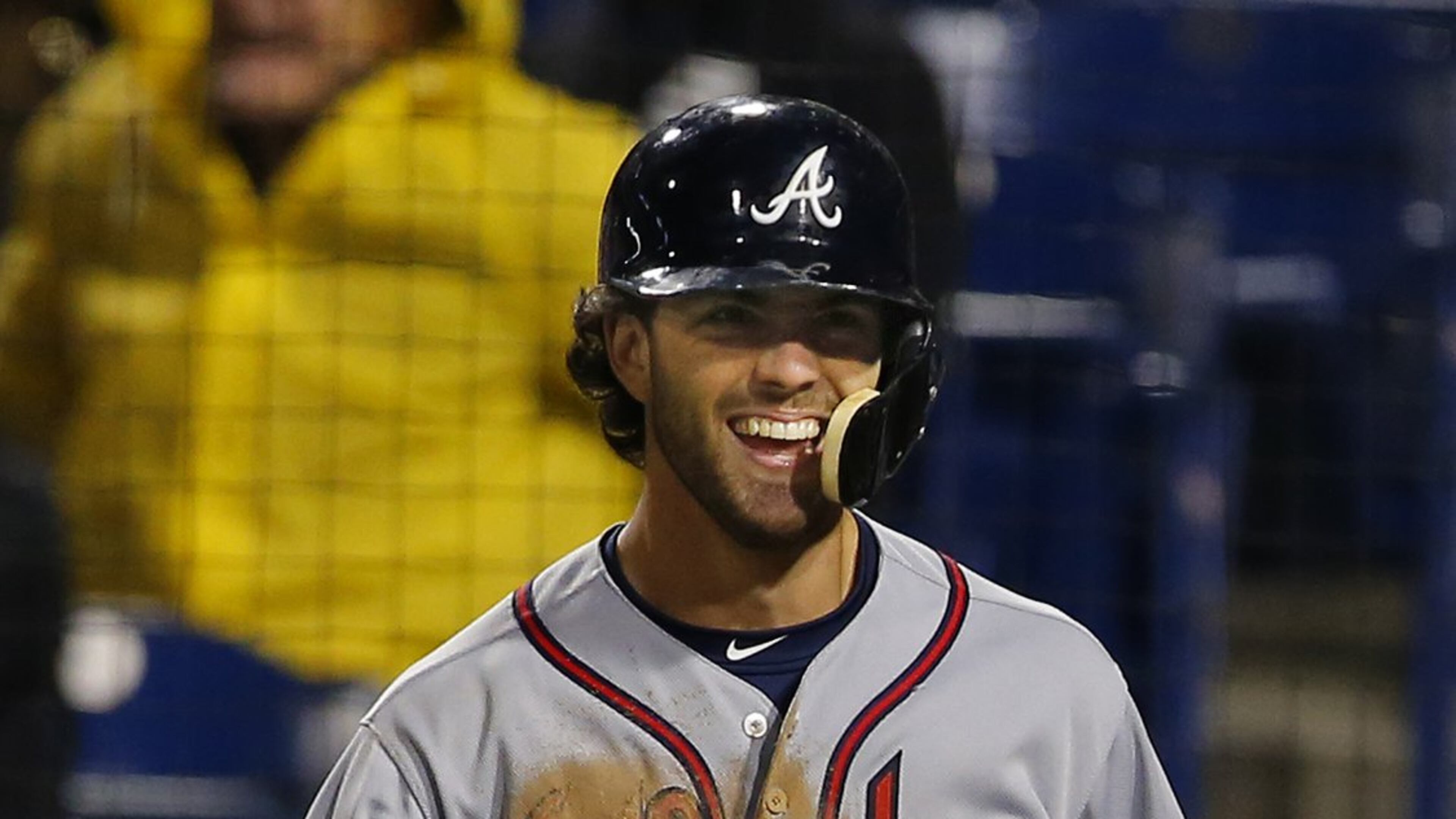 Dansby Swanson reacts after scoring the go-ahead run in the tenth inning Saturday at Philadelphia, in a game the Braves went on to lose. Swanson was dropped from the 2-hole to eighth in the batting order during the current road trip. (Photo by Rich Schultz/Getty Images)
