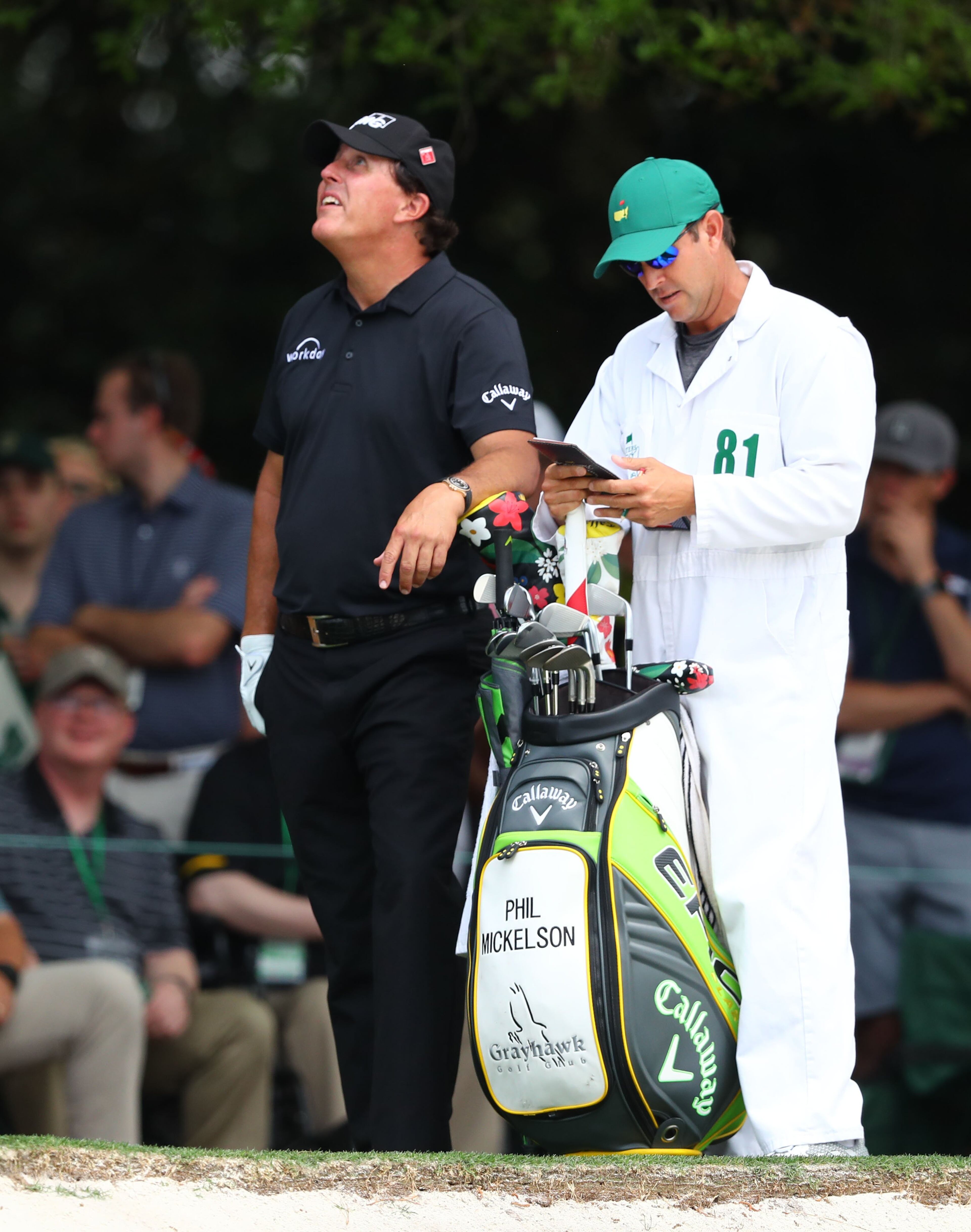 April 13, 2019 - Augusta - Phil Mickelson checks the wind before his fairway shot on 1 during the third round of the Masters Tournament Saturday, April 13, 2019, at Augusta National Golf Club in Augusta. Curtis Compton / ccompton@ajc.com