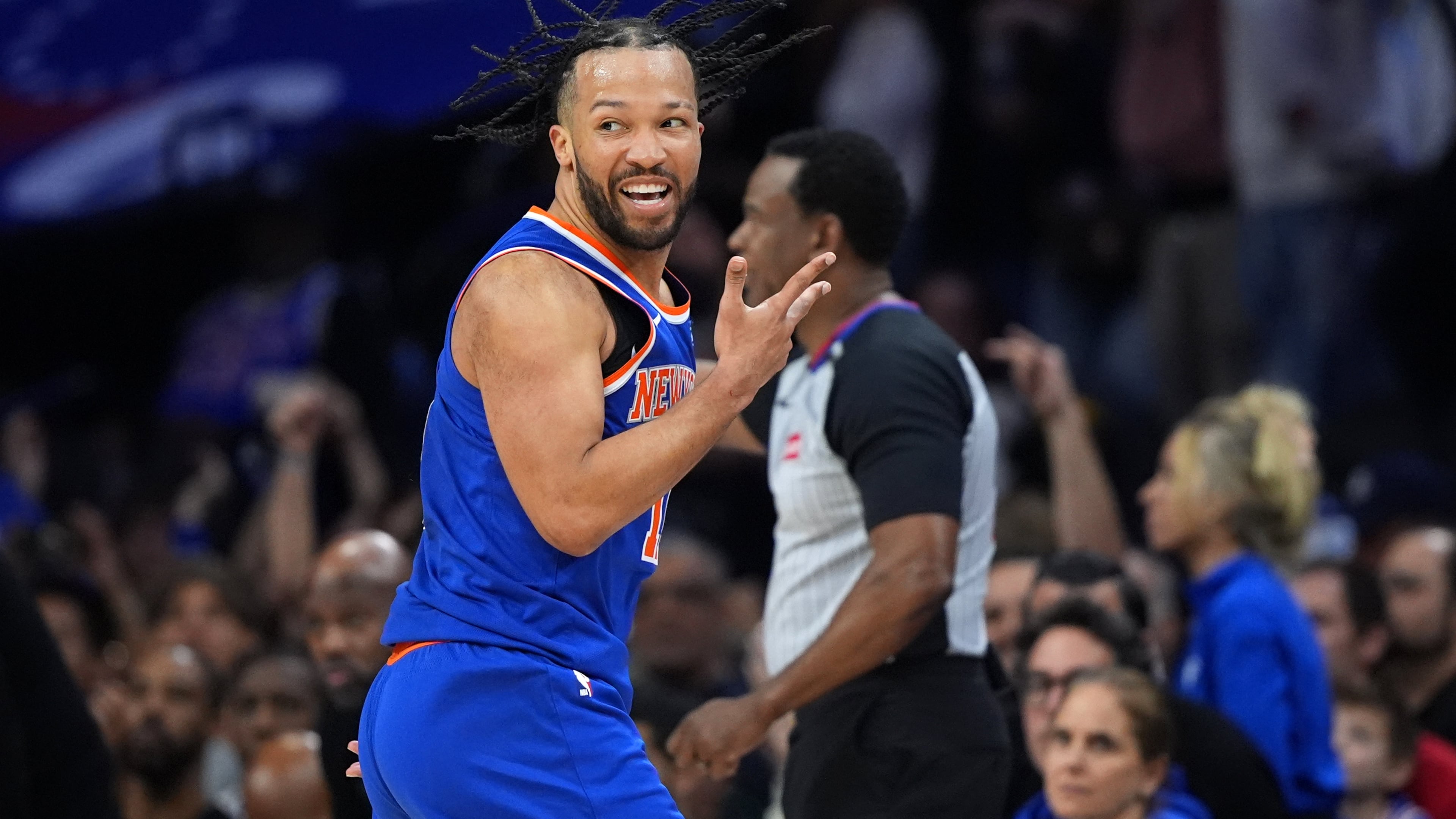 New York Knicks' Jalen Brunson reacts after scoring during the second half of Game 4 against the Philadelphia 76ers in a second-round NBA basketball playoffs series Sunday, May 10, 2026, in Philadelphia. (AP Photo/Matt Slocum)