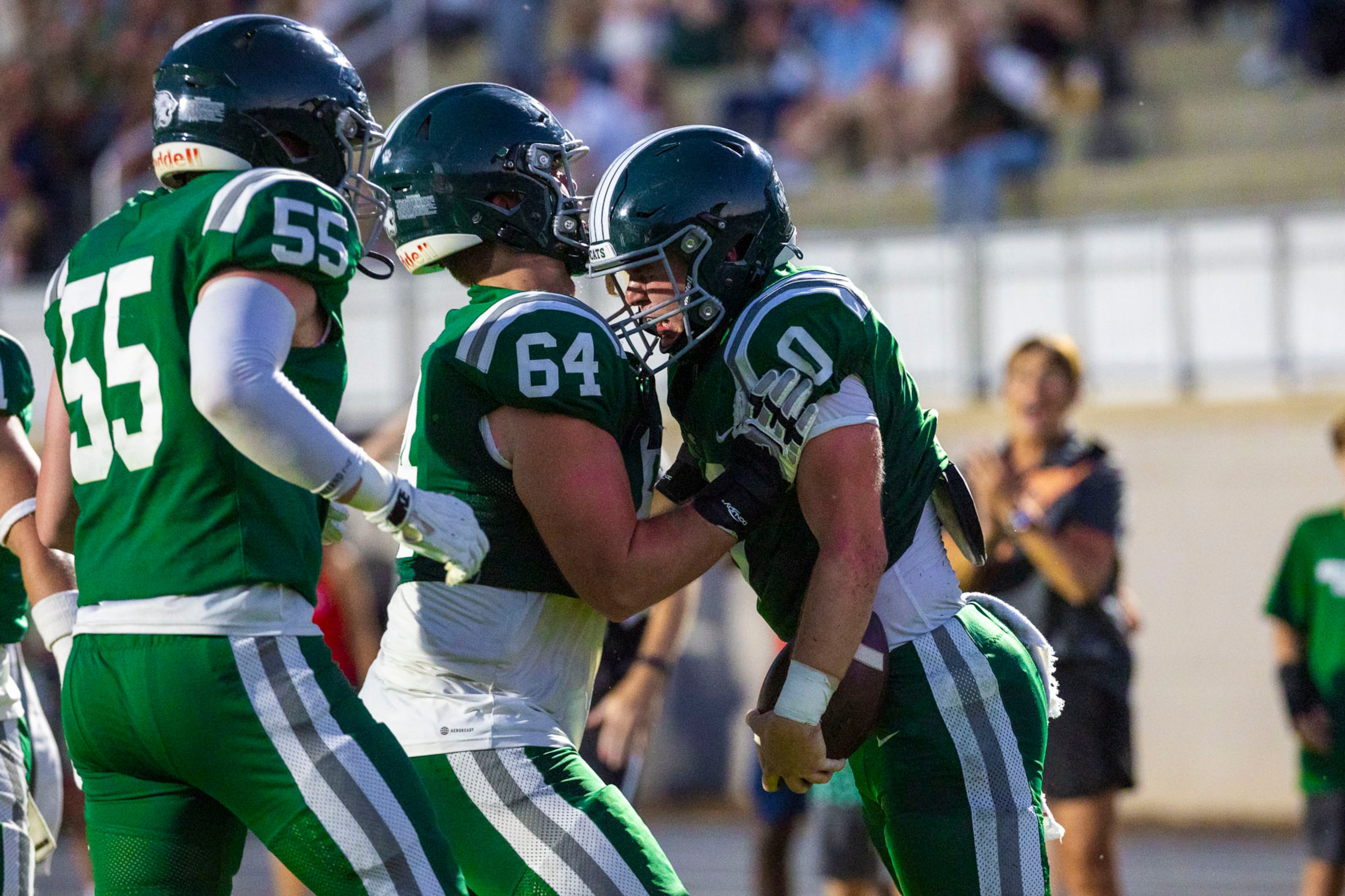 Westminster running back Jack Debutts (0) celebrates with his teammates after a touchdown against Benedictine at Fritz Orr Field in Atlanta, GA on Friday, Sept. 19th, 2025. (Oscar Guevara Saenz for the AJC)