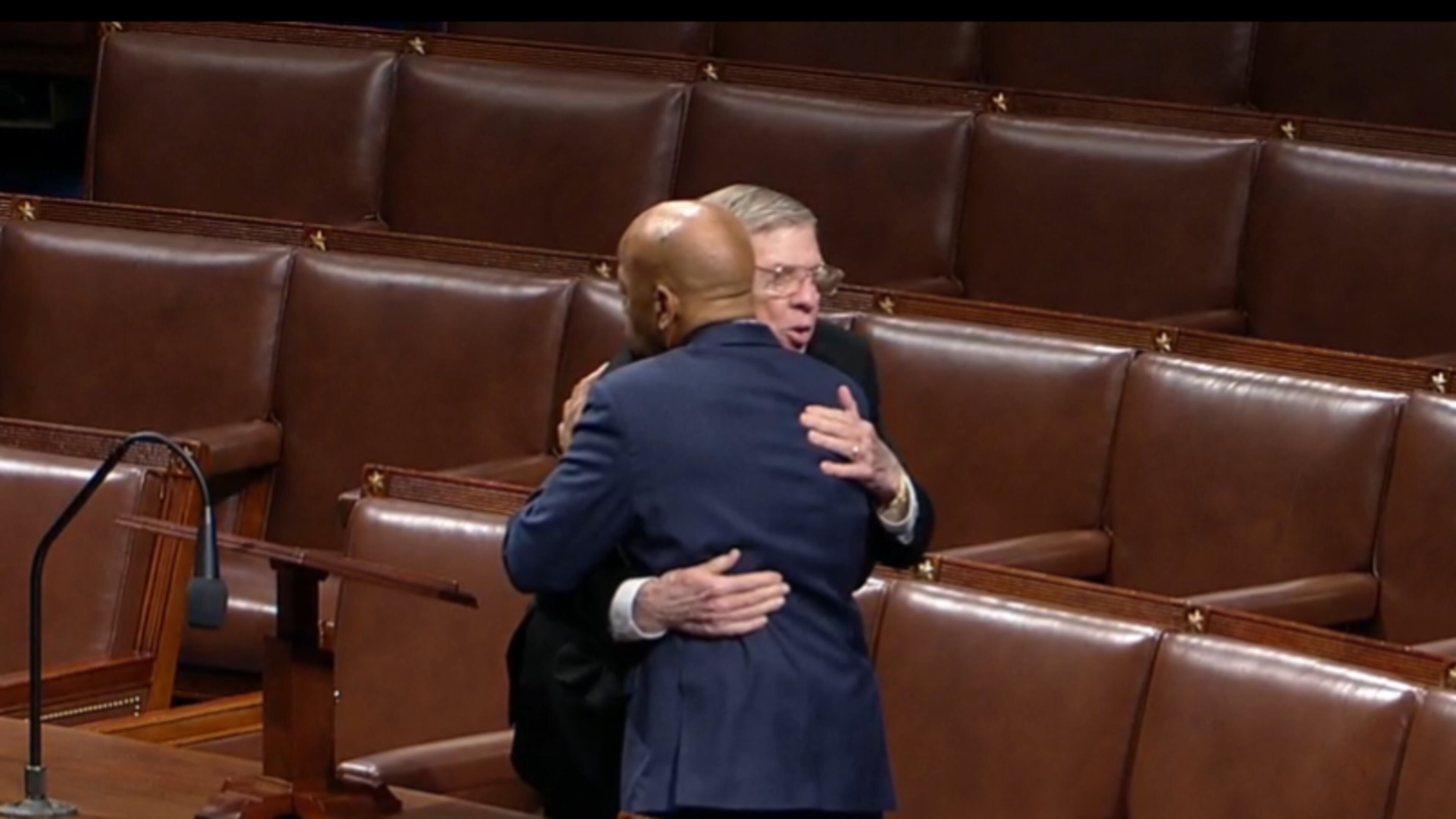 U.S. Sen. Johnny Isakson and U.S. Rep. John Lewis embrace on the House floor during tributes from members of the Georgia delegation in honor of Isakson's retirement from Congress. Screen grab from U.S. House of Representatives livestream.
