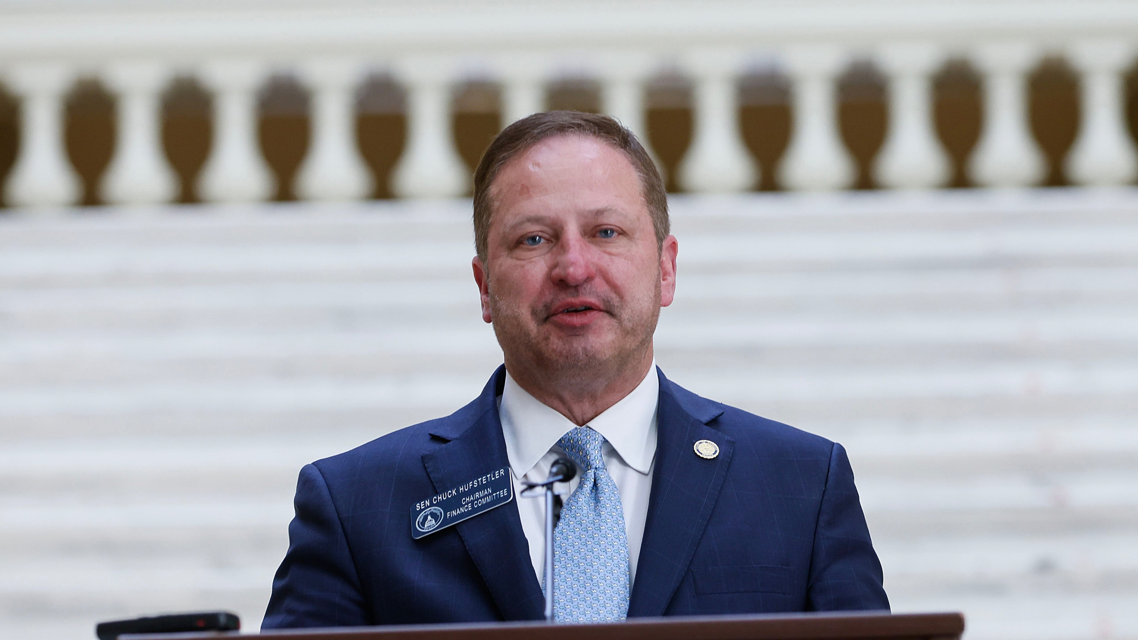Sen. Chuck Hufstetler speaks during a press conference about a new elder protection bill that will target senior citizen financial exploitation at the Georgia State Capitol on Monday, Feb. 6, 2023. (Natrice Miller/The Atlanta Journal-Constitution/TNS)