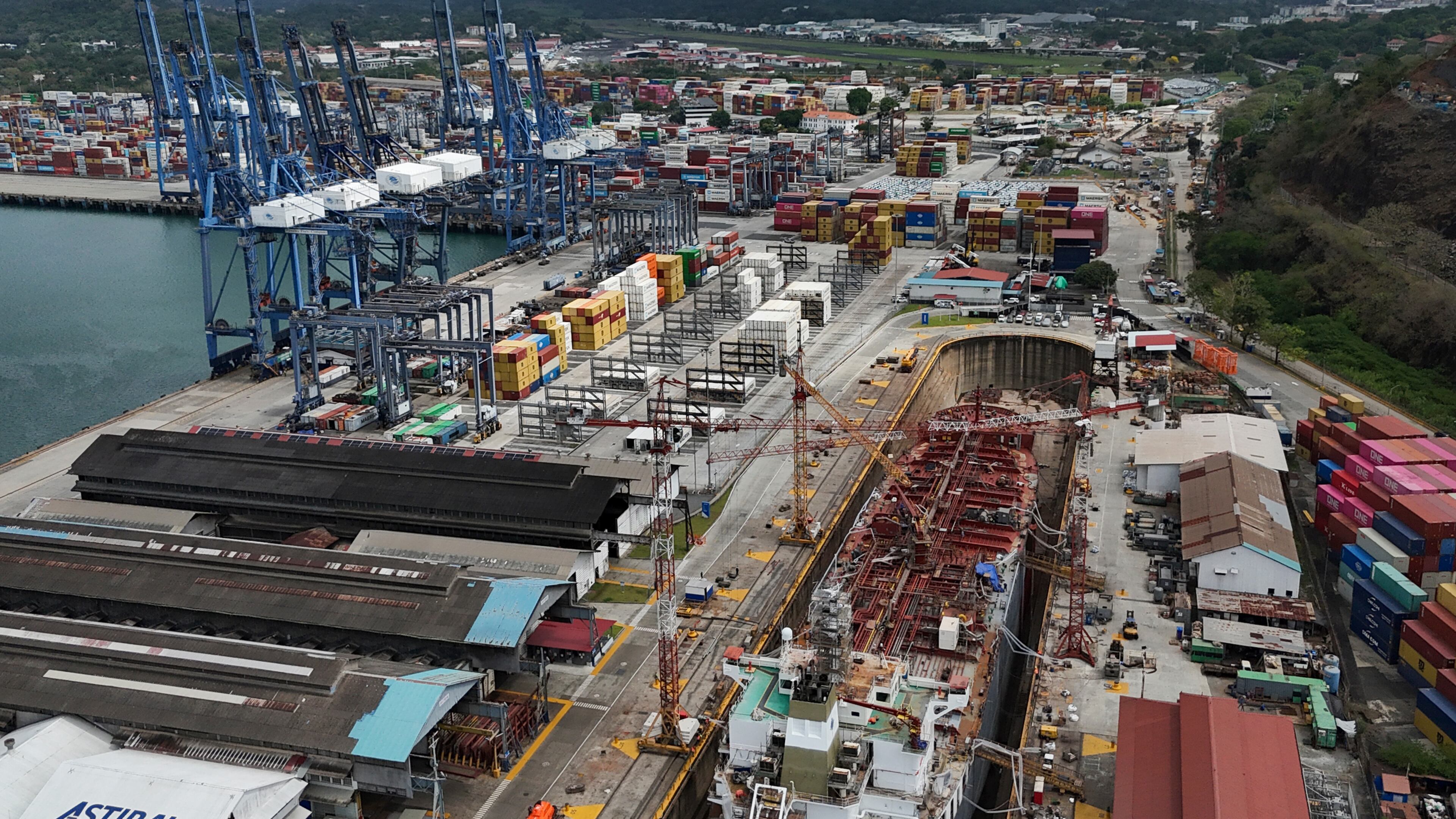 An aerial view of the Balboa terminal, run by CK Hutchison's Panama Ports Co., after Panama's government ordered the occupation of the port following a Supreme Court ruling that the concession was unconstitutional, in Panama City, Monday, Feb. 23, 2026. (AP Photo/Matias Delacroix)