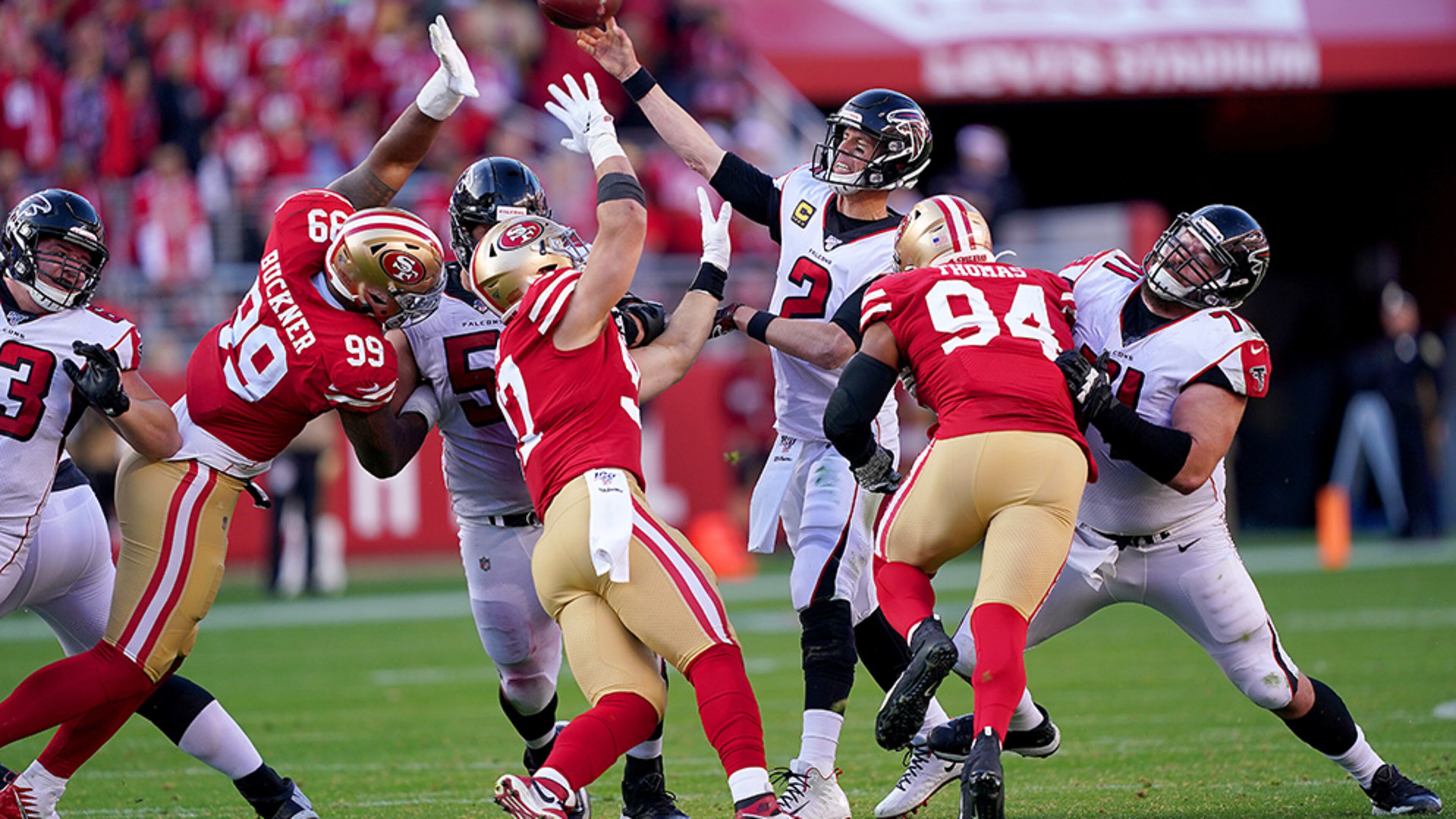 Falcons quarterback Matt Ryan delivers a pass against the defense of the San Francisco 49ers Sunday, Dec. 15, 2019, at Levi's Stadium in Santa Clara, Calif.