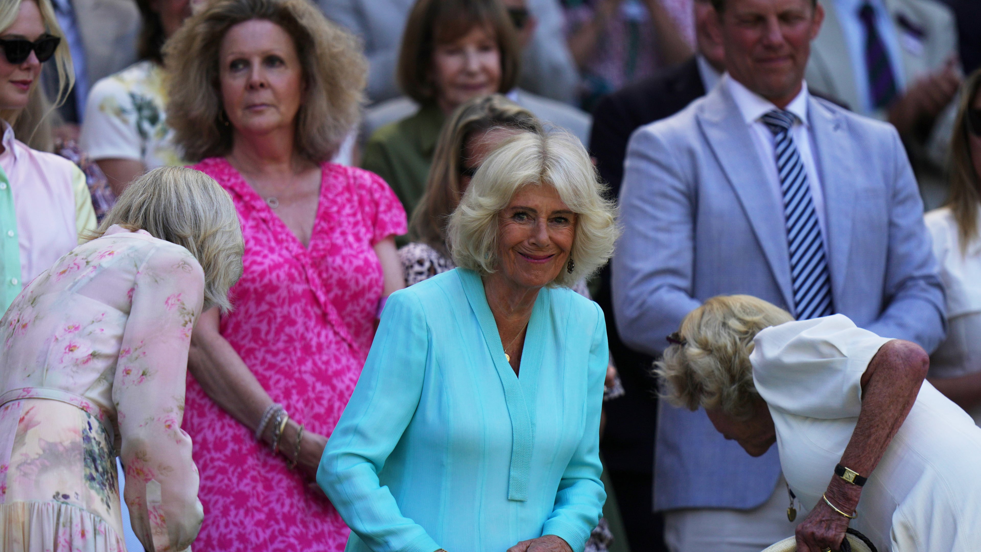Britain's Queen Camilla arrives to the royal box on day 10 of the Wimbledon Tennis Championships in London, Wednesday, July 8, 2026. (AP Photo/Brian Inganga)
