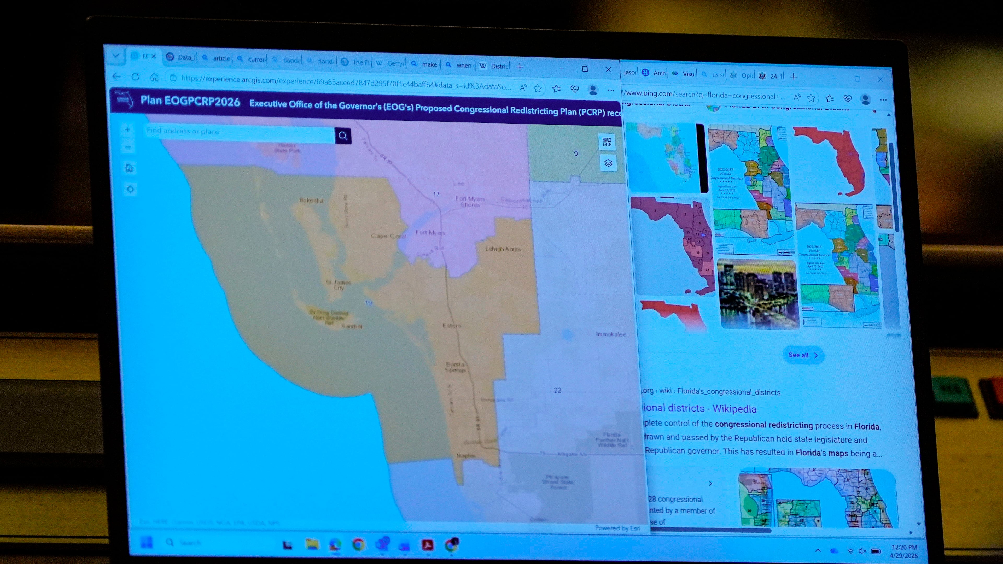 A state Senators laptop displays a proposed Congressional Redistricting Plan during debate on SB 8-D, a redistricting bill, during a special session of the Florida Legislature, Wednesday, April 29, 2026, in Tallahassee, Fla. (AP Photo/Mike Stewart)