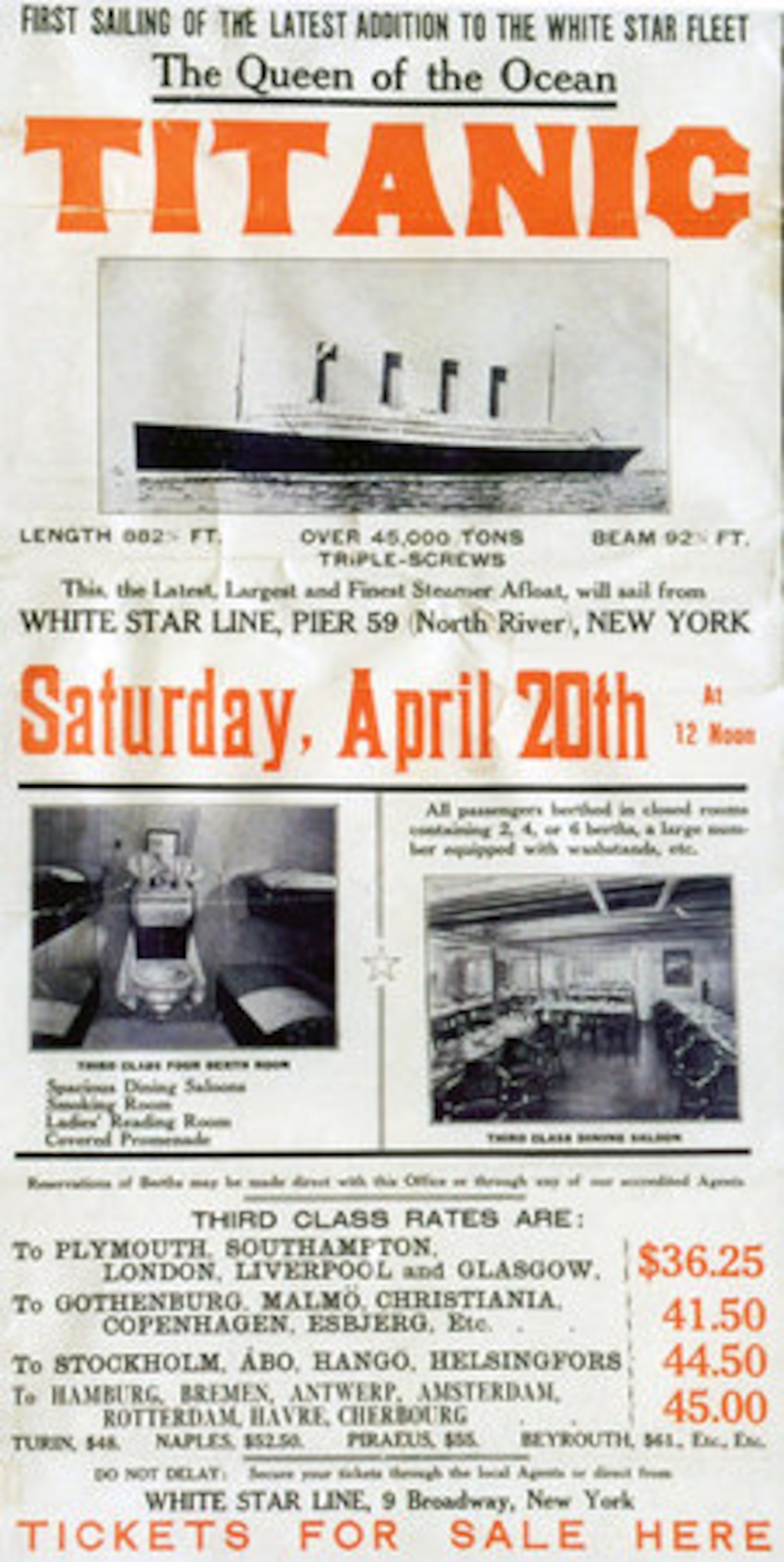 FILE -- A poster prepared by the White Star Line's New York office to promote the RMS Titanic's return trip from New York, scheduled for April 20, 1912. The largest ship afloat at the time, the Titanic sank in the north Atlantic Ocean on April 15, 1912, after colliding with an iceberg during her maiden voyage from Southampton to New York City.