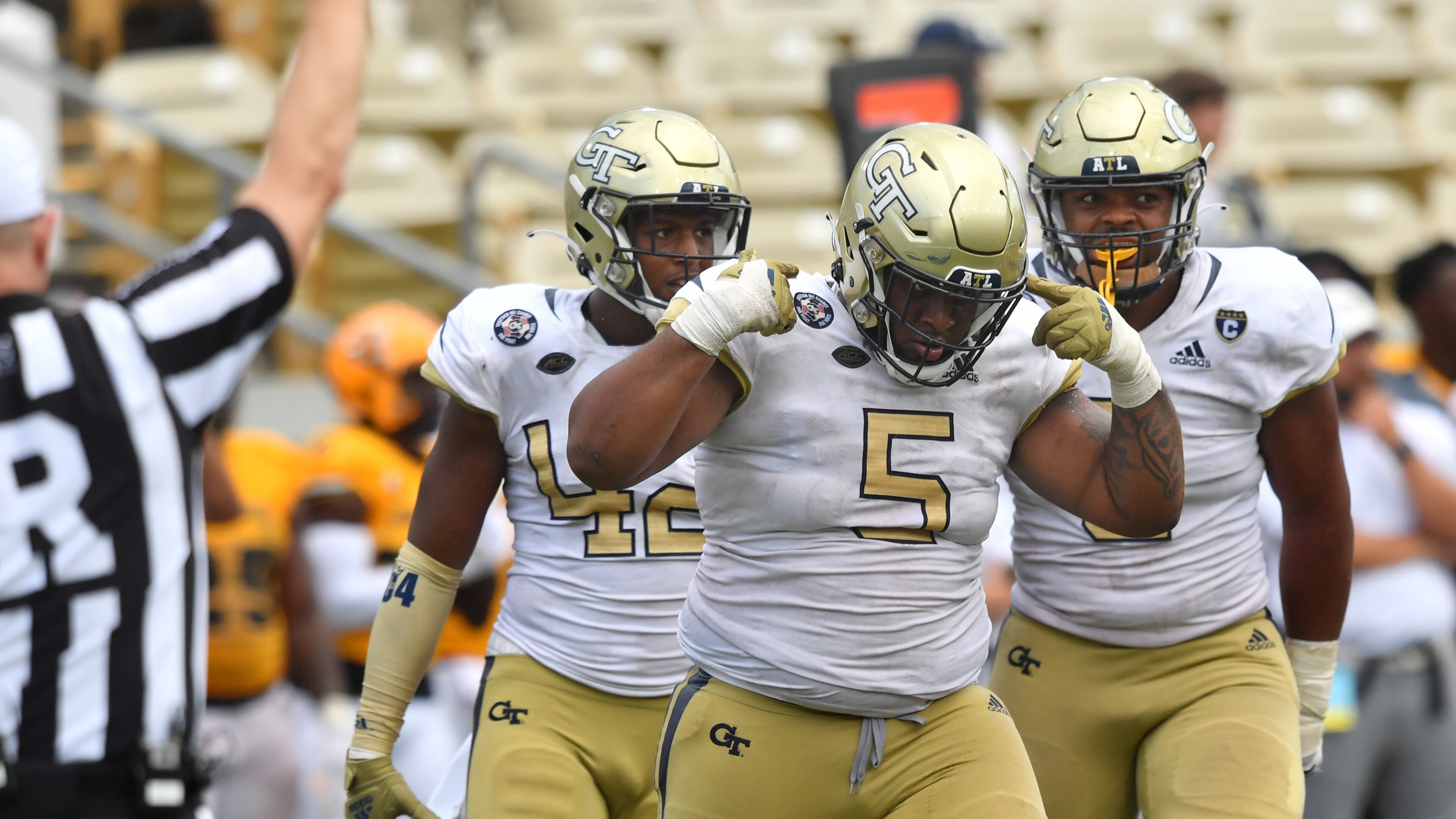 Georgia Tech defensive lineman T.K. Chimedza (5) reacts during the second half against Kennesaw State Saturday, Sept. 11, 2021, at Bobby Dodd Stadium in Atlanta. (Hyosub Shin / Hyosub.Shin@ajc.com)
