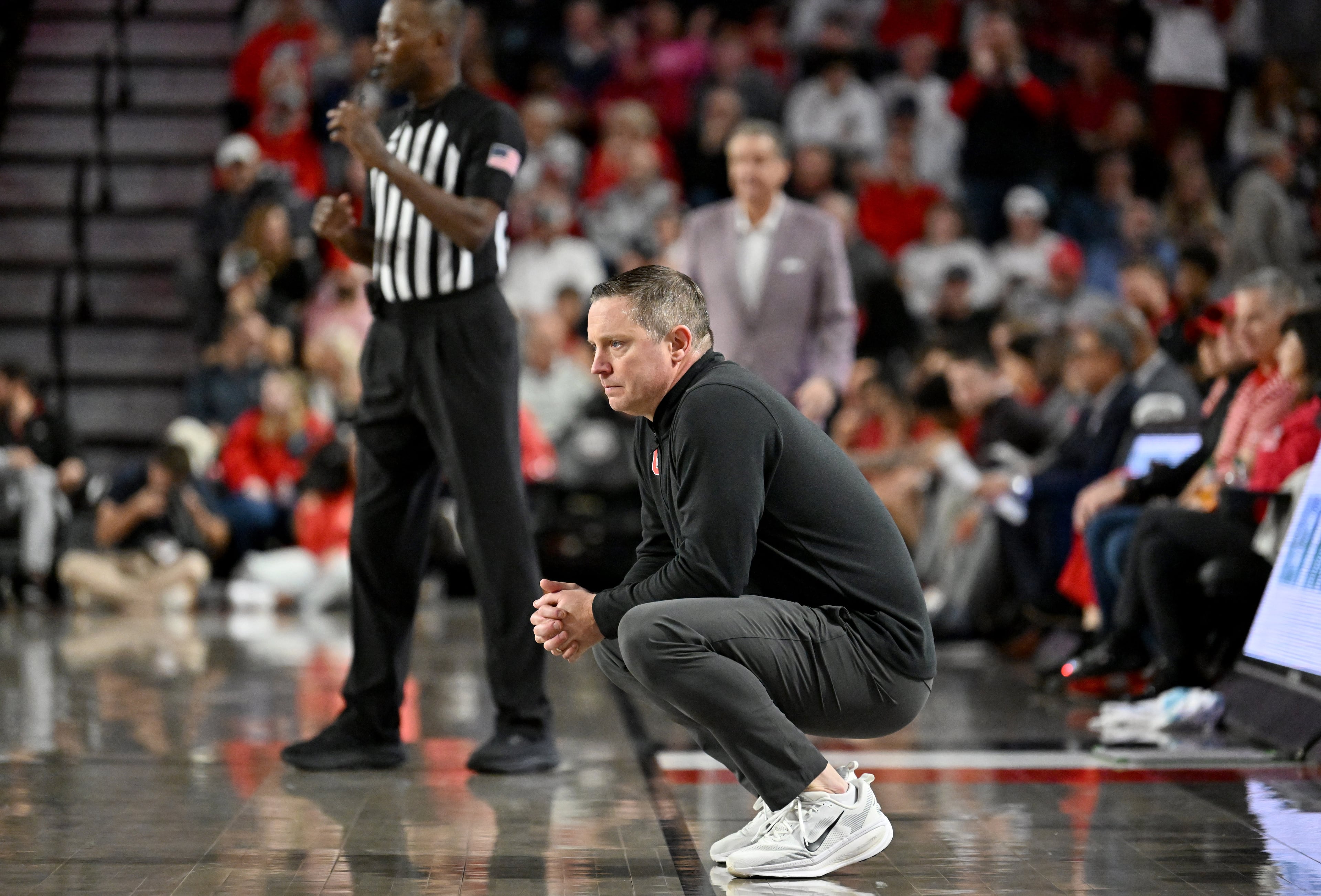 Georgia head coach Mike White reacts during the second half in an NCAA college basketball game at Stegeman Coliseum, Saturday, Jan. 17, 2026, in Athens. Georgia won 90-76 over Arkansas. (Hyosub Shin/AJC)