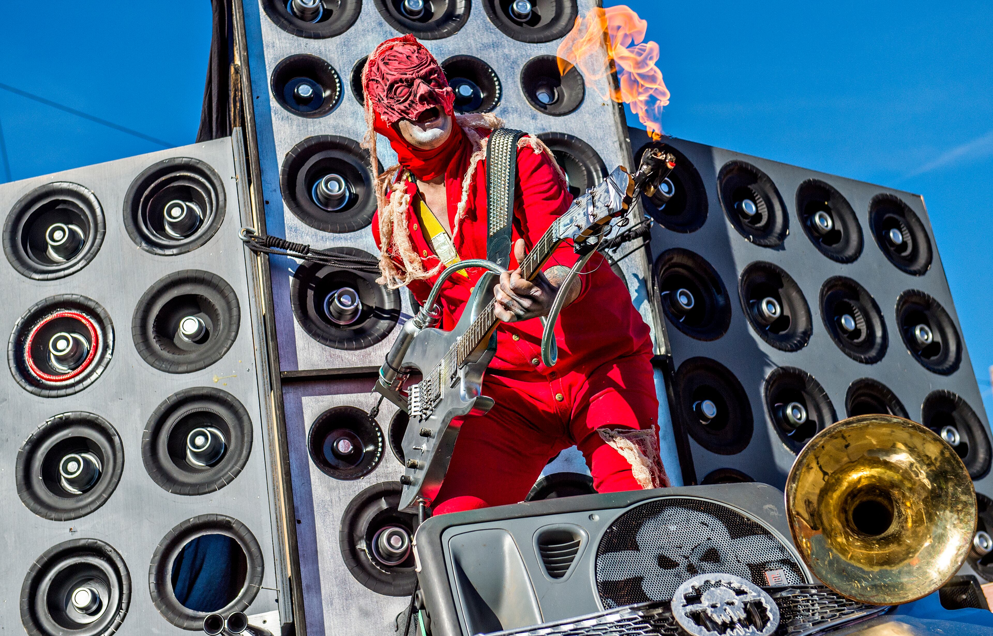 October 17, 2015 Atlanta - Rob Thompson plays a flame thrower guitar during the Little Five Points Halloween Parade in Atlanta on Saturday, October 17, 2015. The annual parade brought out tens of thousands of people to watch the antics. JONATHAN PHILLIPS / SPECIAL