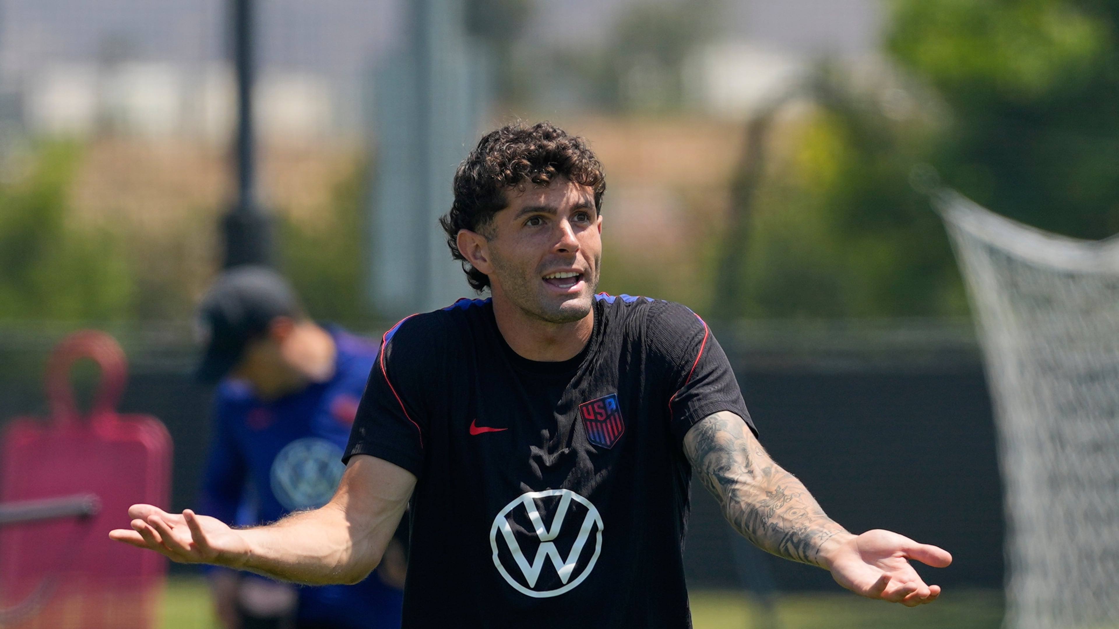 United States' Christian Pulisic attends a training session ahead of a FIFA World Cup match against Turkey in Irvine, Calif., Tuesday, June 23, 2026. (AP Photo/Andre Penner)