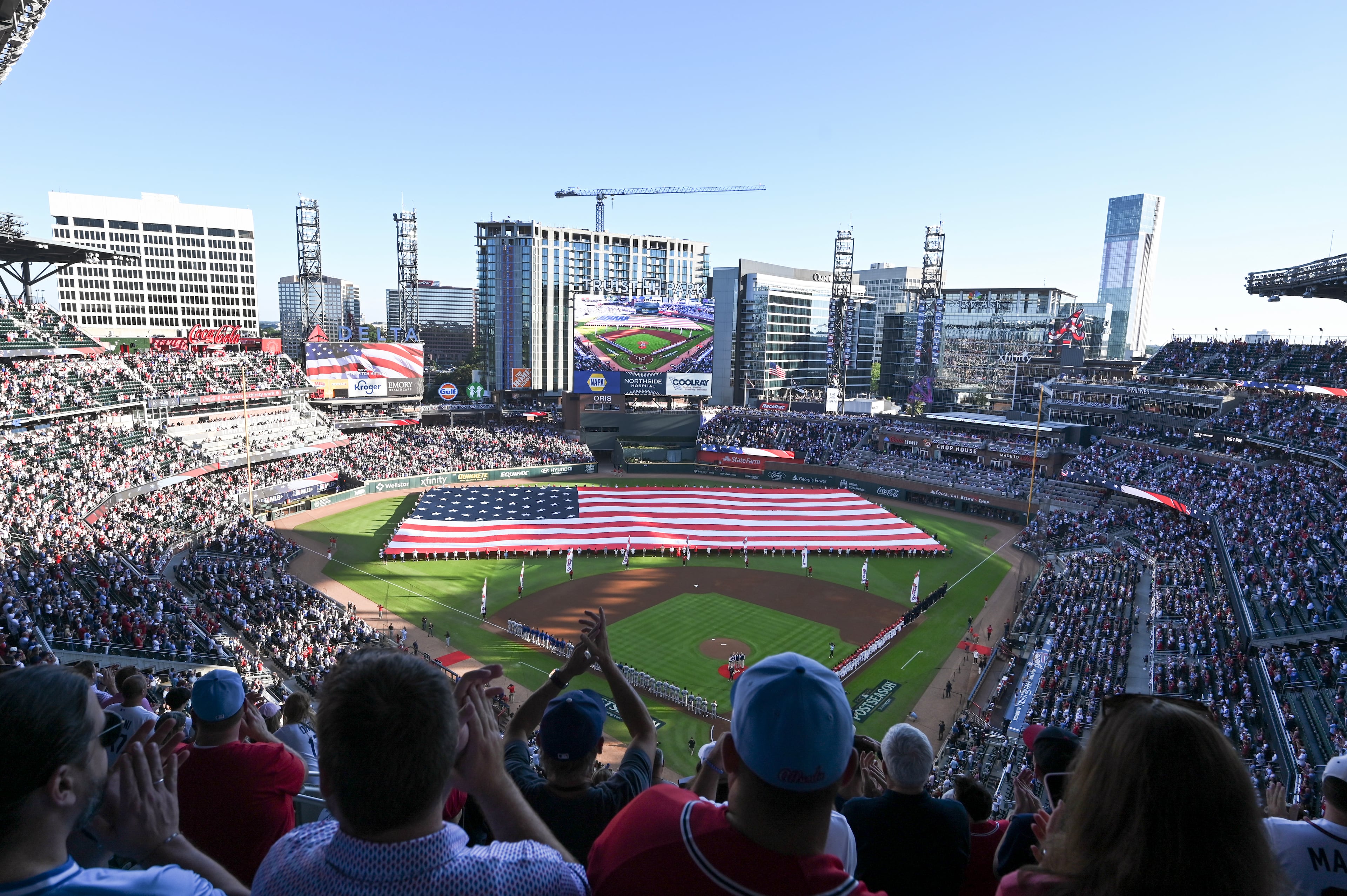 Pregame ceremonies before Game 3 of the MLB National League Division Series between the Atlanta Braves and the Los Angeles Dodgers, Tuesday, Oct. 6, 2026, in Atlanta. (Hyosub Shin/AJC)