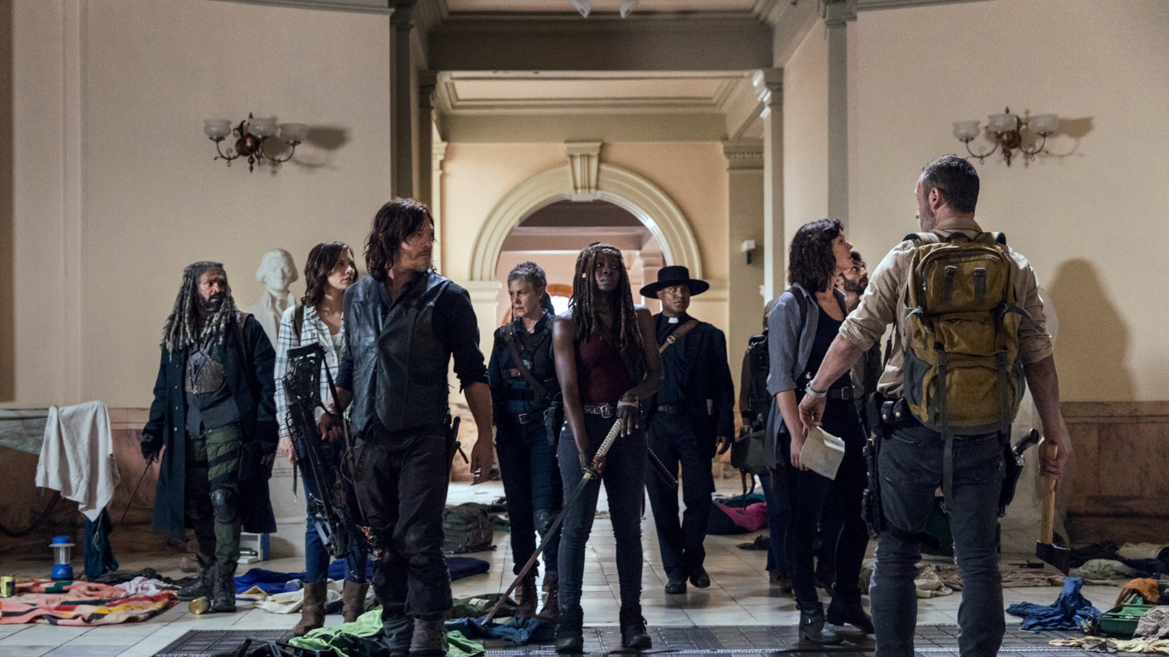 Khary Payton as Ezekiel, Lauren Cohan as Maggie Rhee, Norman Reedus as Daryl Dixon, Melissa McBride as Carol Peletier, Danai Gurira as Michonne, Seth Gilliam as Father Gabriel Stokes, Pollyanna McIntosh as Jadis/Anne, Avi Nash as Siddiq, Andrew Lincoln as Rick Grimes - The Walking Dead _ Season 9, Episode 1 - Photo Credit: Jackson Lee Davis/AMC