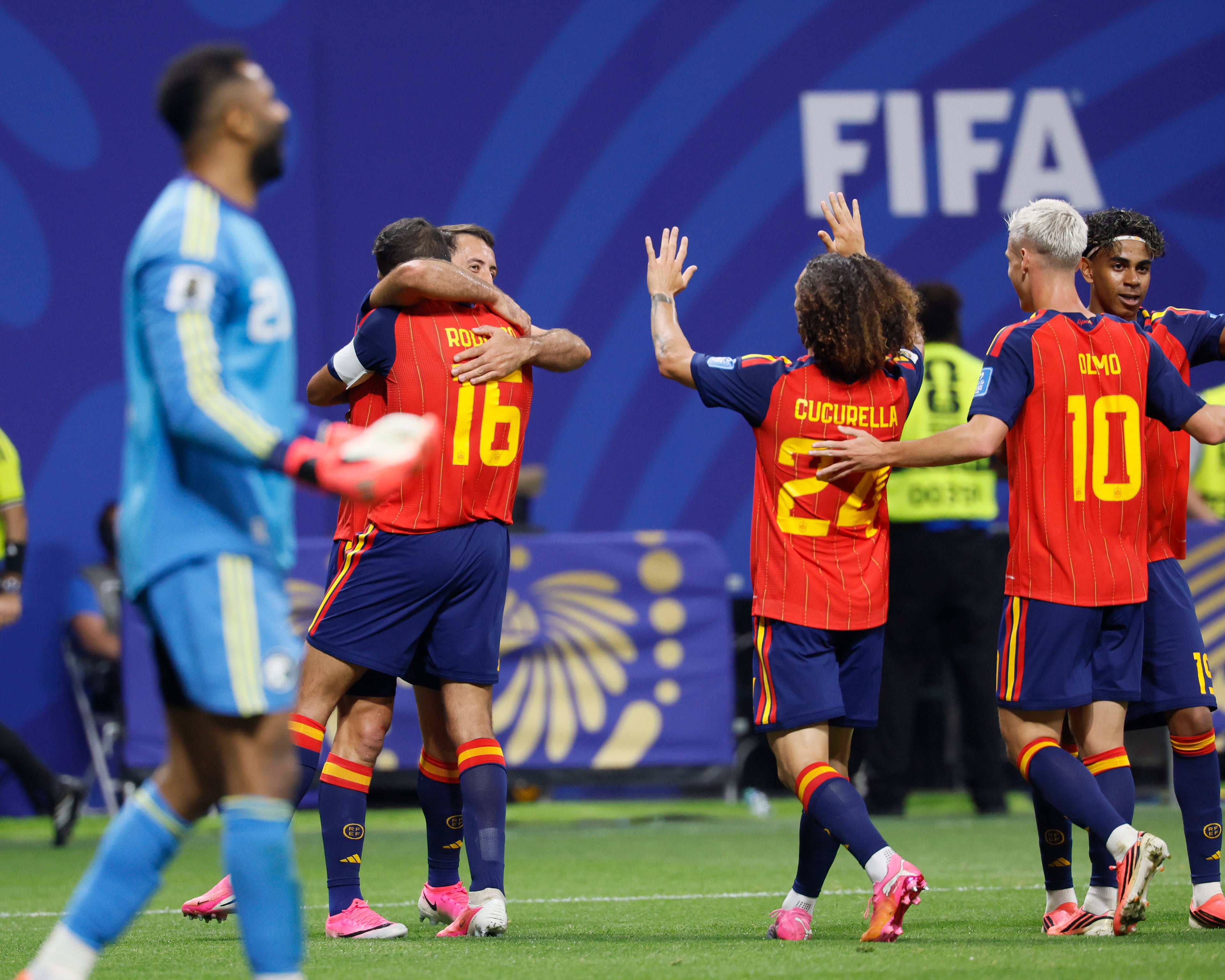 Spain celebrates Mikel Oyarzabal's second goal during the first half of the Spain vs. Saudi Arabia World Cup match Sunday, June 21, 2026, at Atlanta Stadium. (Miguel Martinez/AJC)