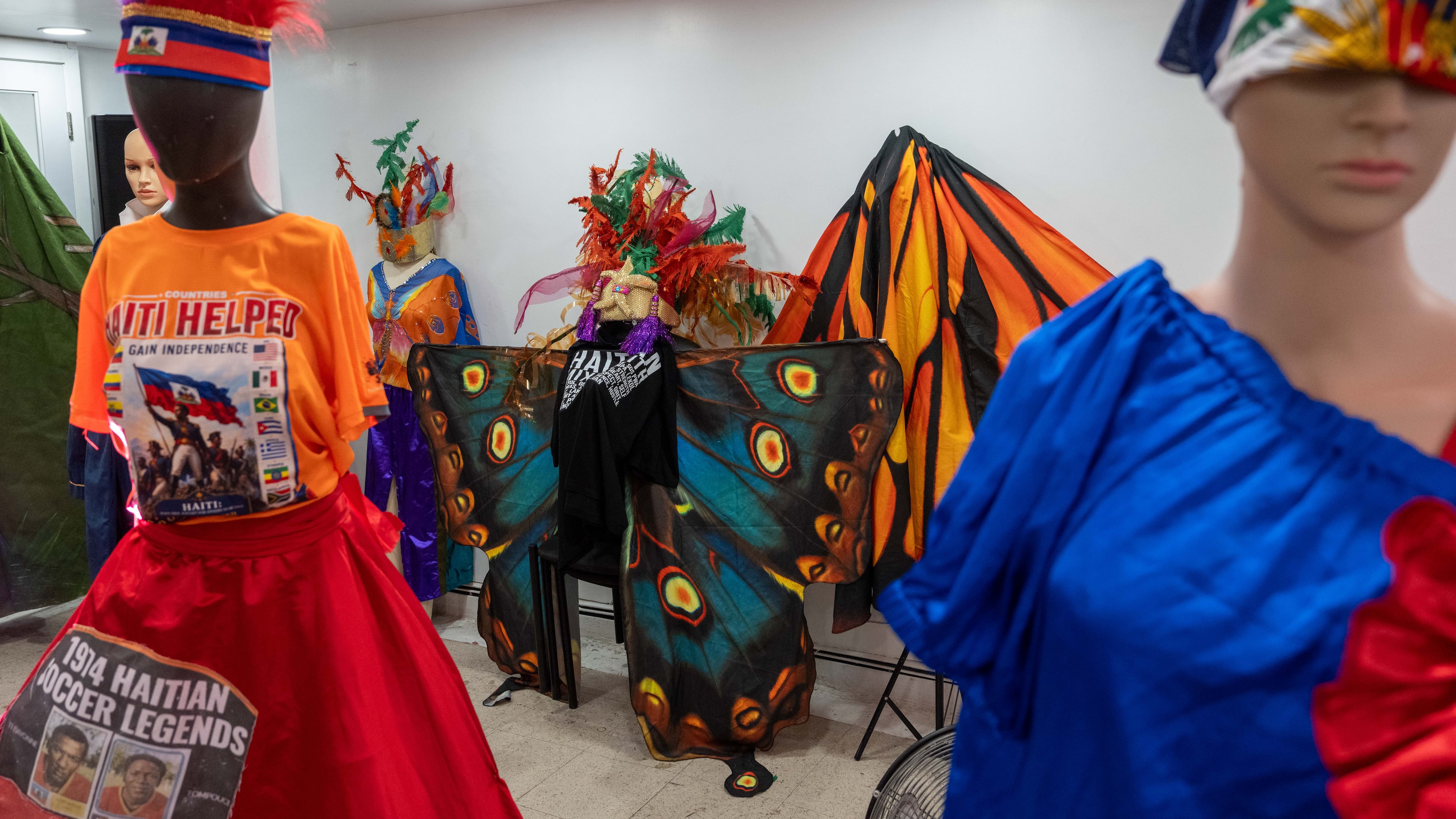 Haitian costumes for Lespri Ayiti Mas Camp are displayed ahead of the West Indian Day Parade, Thursday, Sept. 3, 2026, in the Brooklyn borough of New York. (AP Photo/Adam Gray)