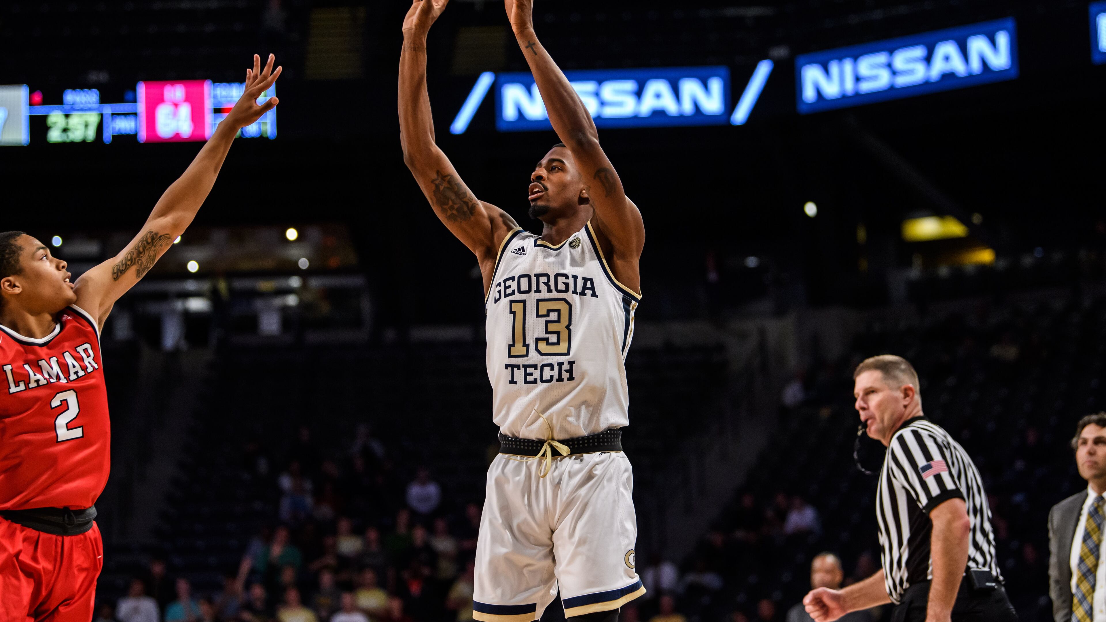Georgia Tech guard Curtis Haywood scored 13 points on 4-for-9 shooting to go with four assists, a steal and no turnovers in 26 minutes of play in the Yellow Jackets' season-opening win over Lamar Friday night at McCamish Pavilion. (Danny Karnik/Georgia Tech Athletics)