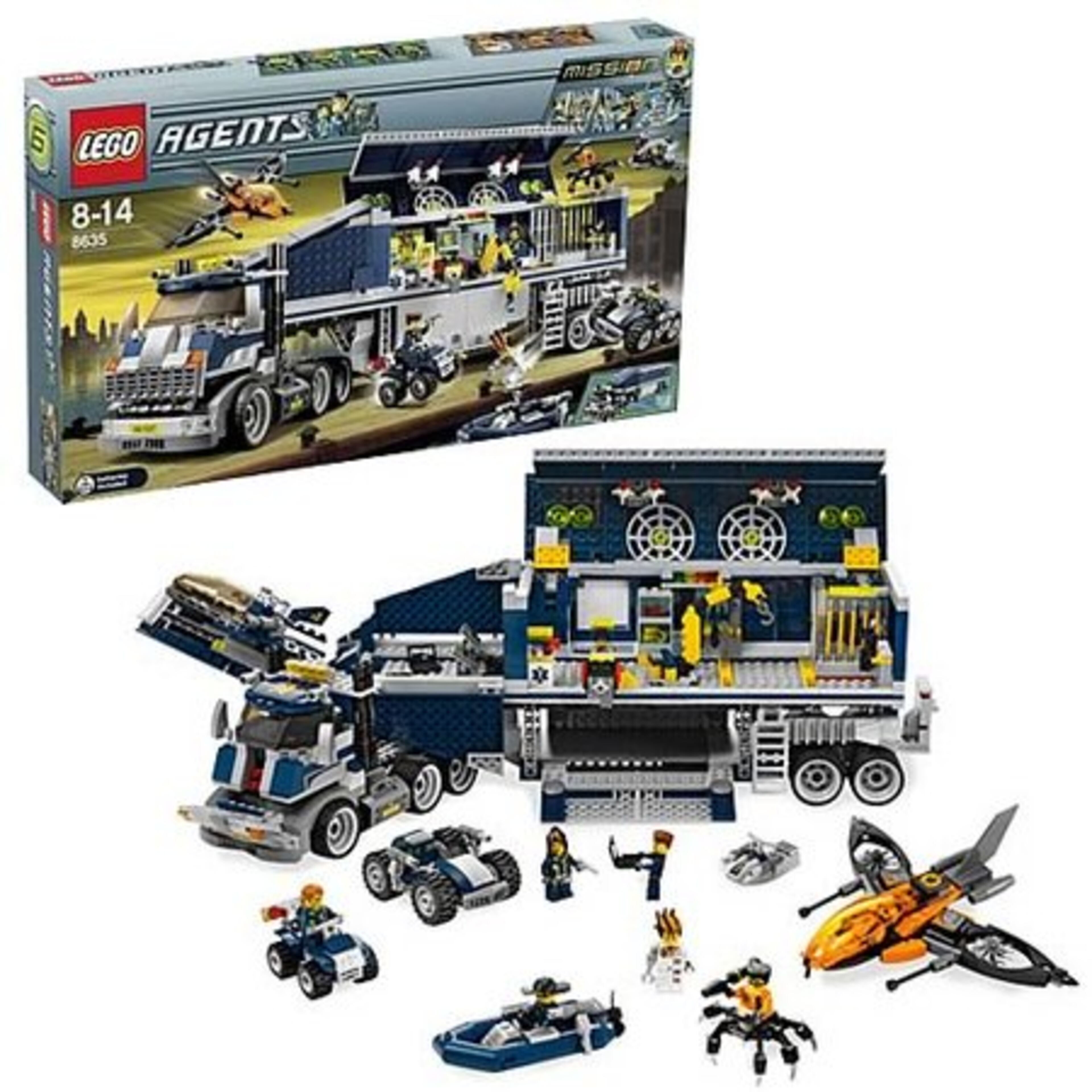 Lego Agents Mobile Command Center: Lego's Mobile Command Center allows kids to use Lego building bricks to create their own team of bad-guy secret agents and vehicles. The scenario finds Dr. Inferno locked in the command center's jail, and his minions are busting him loose. More than 8,500 bricks help build character figures, two cars, a boat, two planes and a jumbo tractor-trailer truck that serves as a mobile headquarters. Price: $89.99.