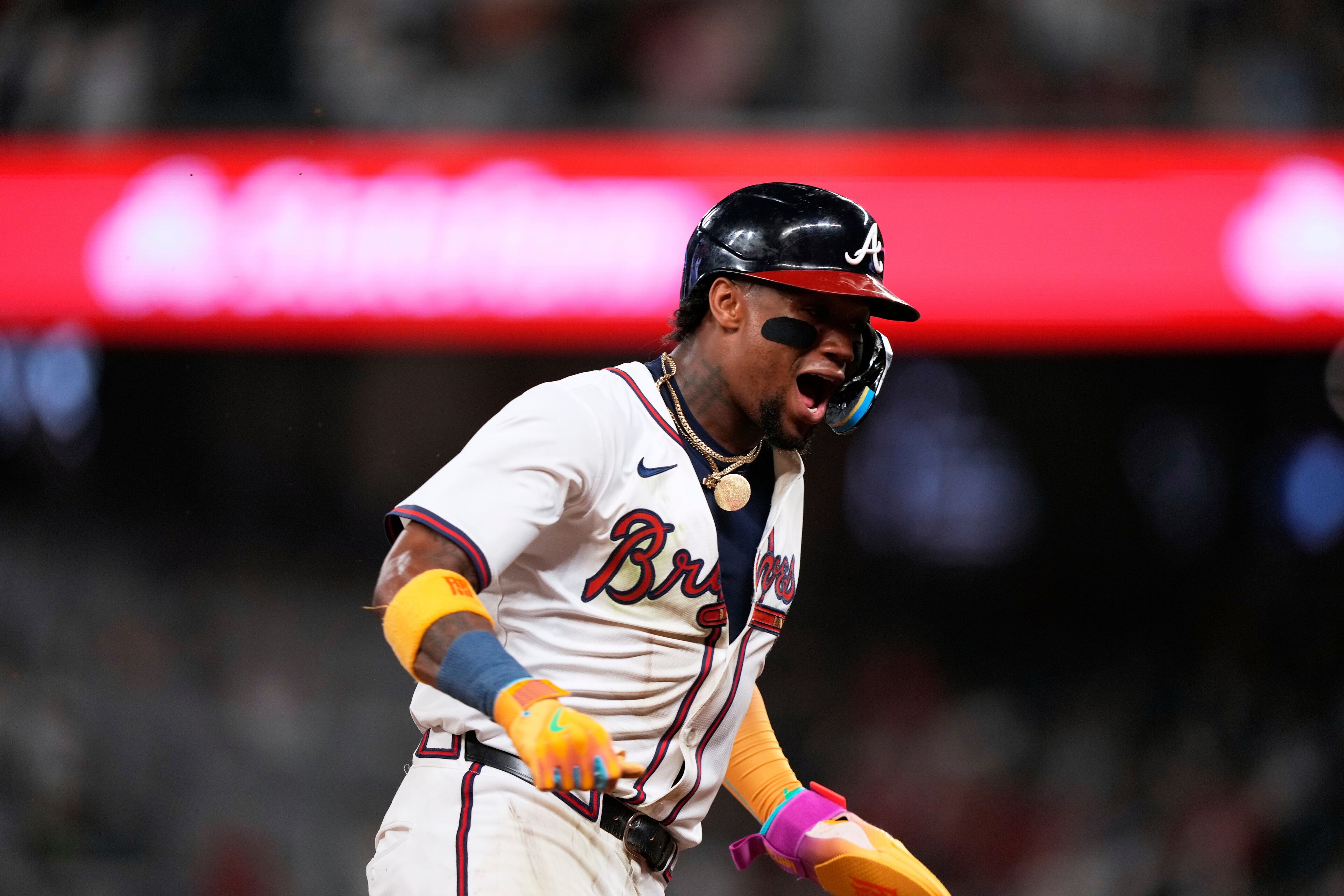 The Braves' Ronald Acuña Jr. reacts during a baseball game against the New York Mets on Tuesday, June 17, 2025, in Atlanta. (Brynn Anderson/AP)