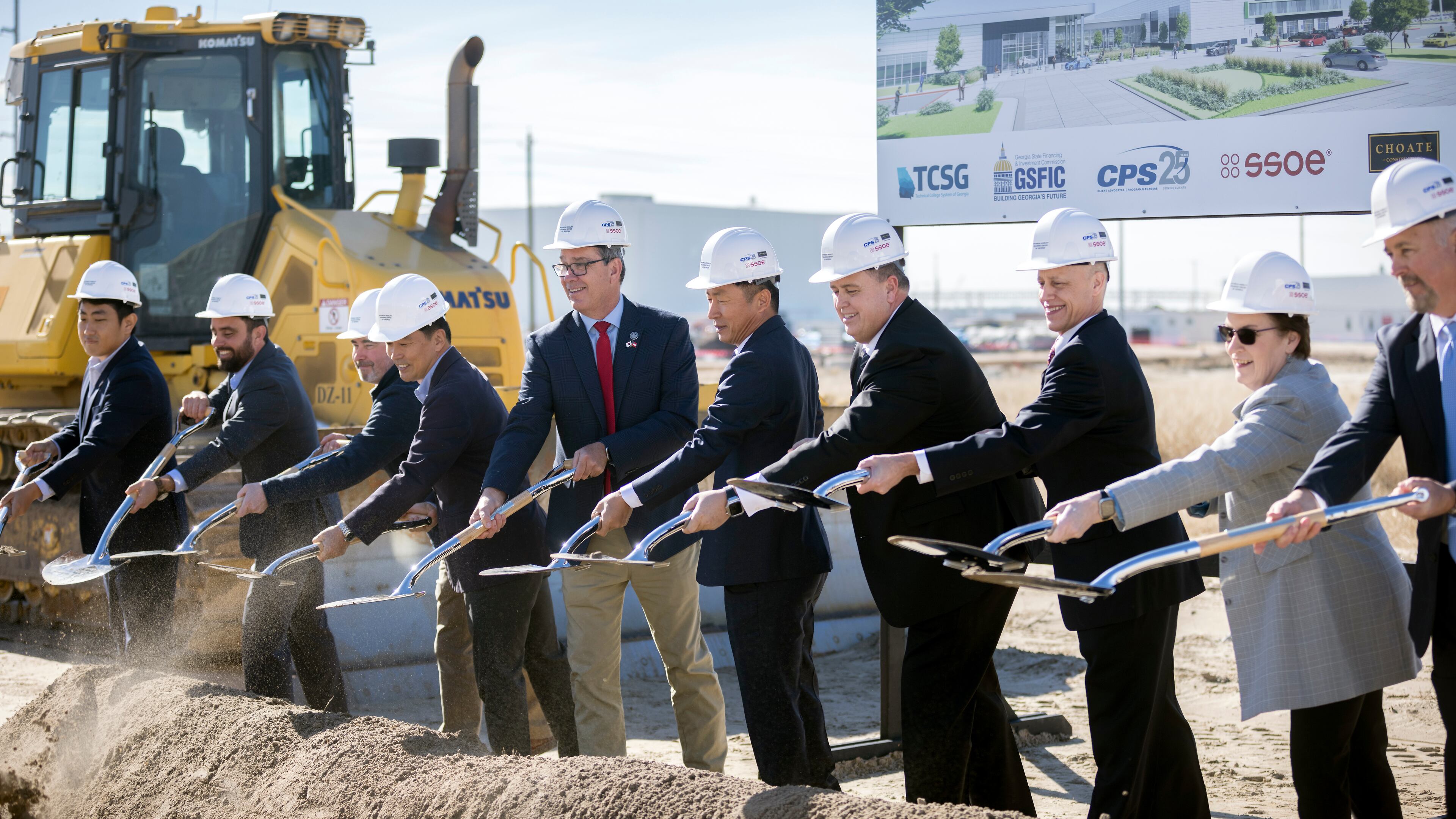 ELLABELL, GA - FEBRUARY 08, 2024: Hyundai Motor Group Metaplant America President/CEO Oscar Kwon, center, is joined by other VIPs during a ground breaking ceremony on Georgia Quick Start Training Center site near the plant, Thursday, Feb. 8, 2024, Ellabell, Ga. (AJC Photo/Stephen B. Morton)