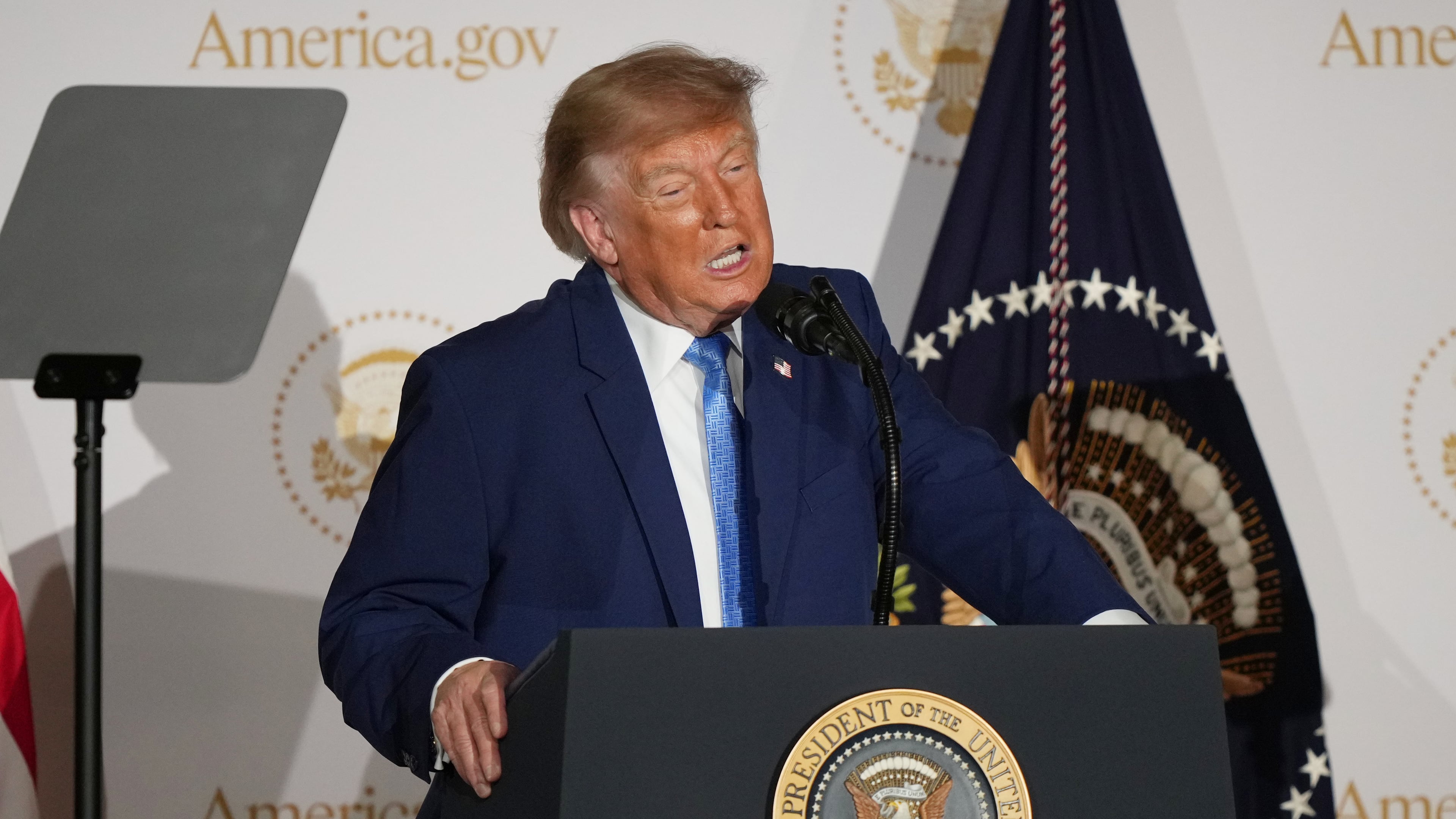 President Donald Trump speaks during an event to mark the launch of the America.gov website, Tuesday, Sept. 29, 2026, in Washington. (AP Photo/Mark Schiefelbein)