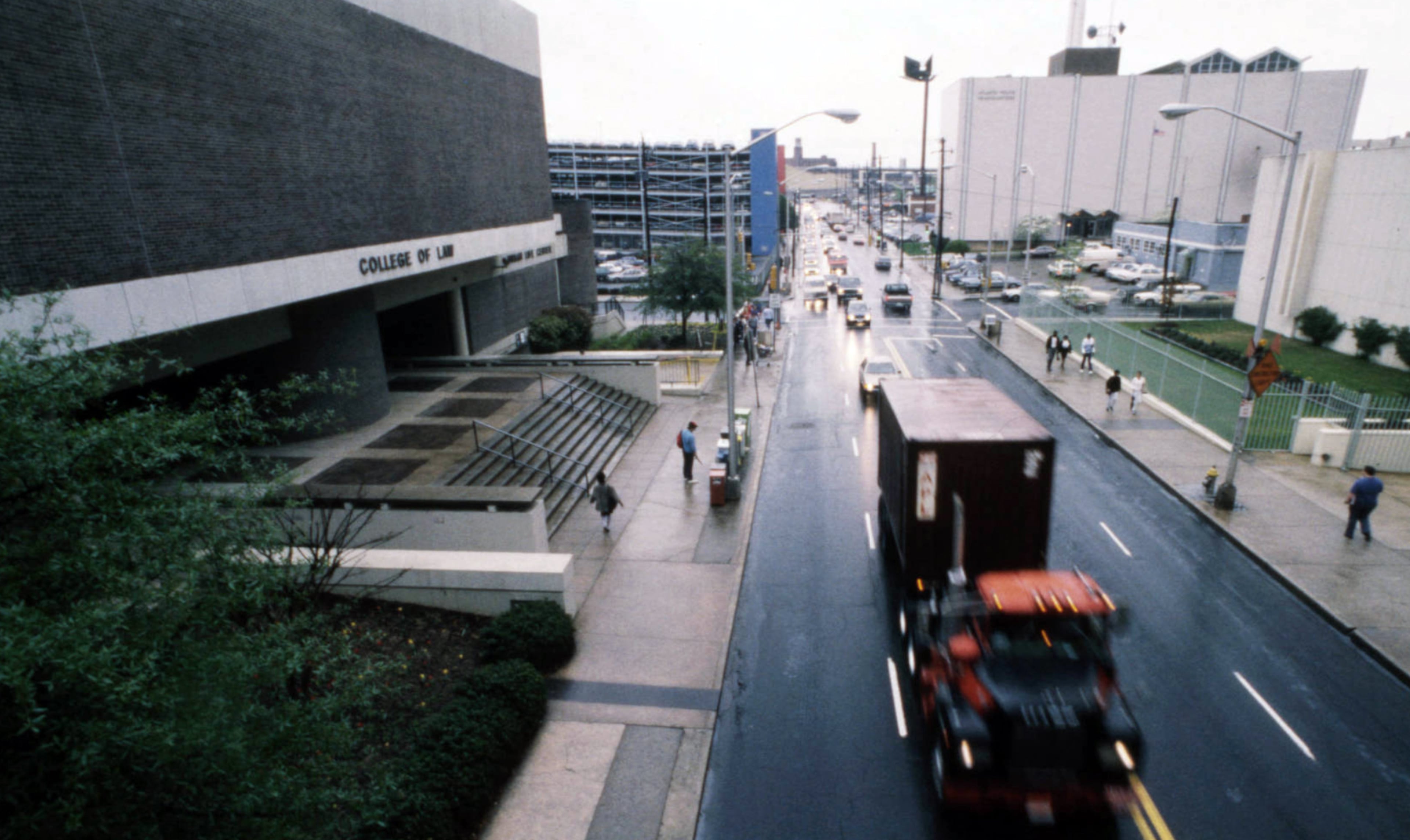 Bird's-eye view of Decatur Street, with the Georgia State University College of Law building on left, on April 6, 1988.