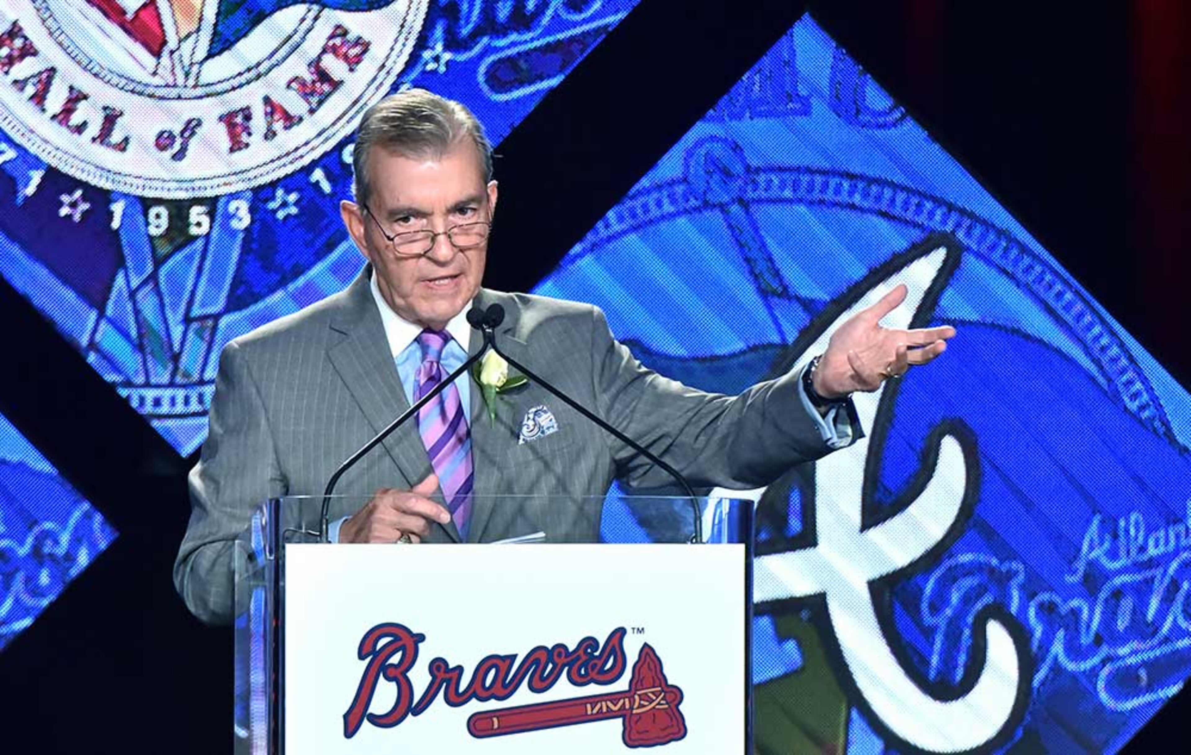 Atlanta Braves President John Schuerholz gives his acceptance speech during Braves Hall of Fame luncheon at Hyatt Regency on Friday, August 19, 2016. Atlanta Braves President John Schuerholz and former outfielder Andruw Jones were inducted into the Braves Hall of Fame. The duo were inducted during a luncheon and honored that evening in a pregame ceremony before the Braves play the Washington Nationals.