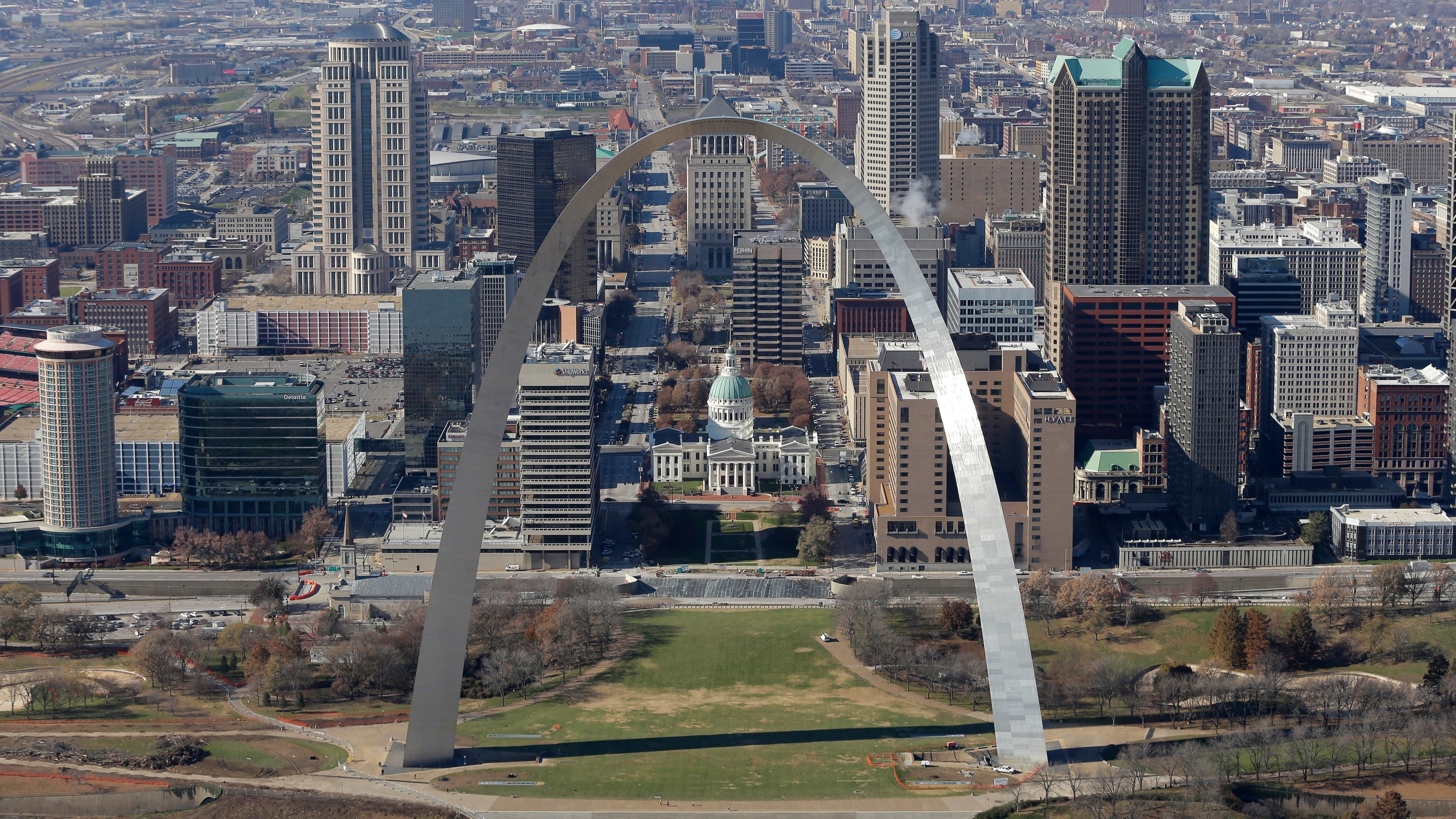 FILE - The Gateway arch is seen with the downtown St. Louis skyline in this aerial photo, Nov. 25, 2014. (AP Photo/Charlie Riedel, File)