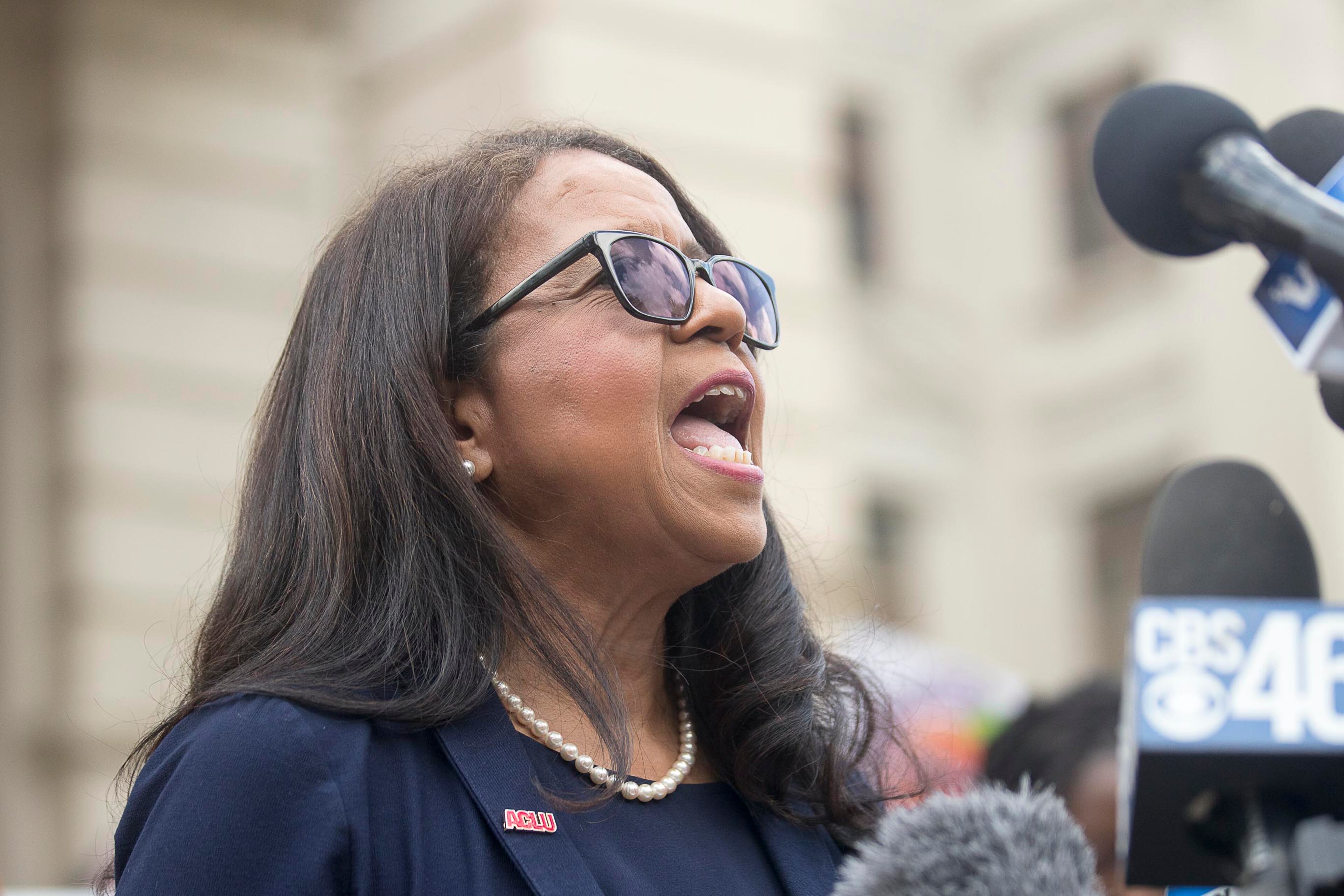 05/07/2019 -- Atlanta, Georgia -- Andrea Young, Executive director of ACLU of Georgia, speaks during an anti-abortion rally outside of the Georgia State Capitol building following the signing of HB 481 in Atlanta, Tuesday, May 7, 2019. Georgia Governor Brian Kemp signed the bill, surrounded by supporters and Georgia lawmakers, in his office Tuesday morning. (ALYSSA POINTER/ALYSSA.POINTER@AJC.COM)