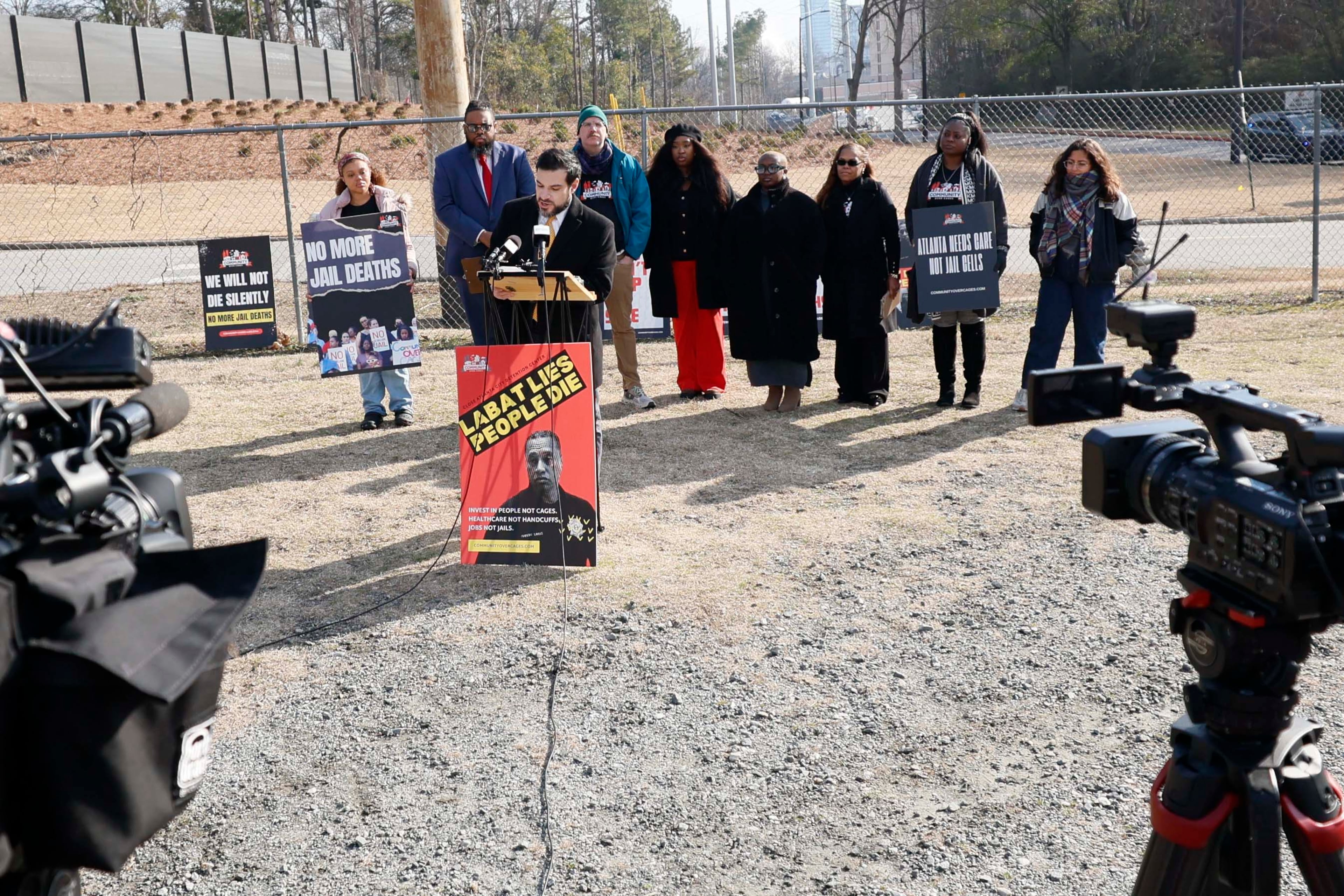 The ACLU of Georgia, along with other organizations, held a press conference at Fulton jail on Tuesday, Feb. 3, 2026. (Miguel Martinez/AJC)