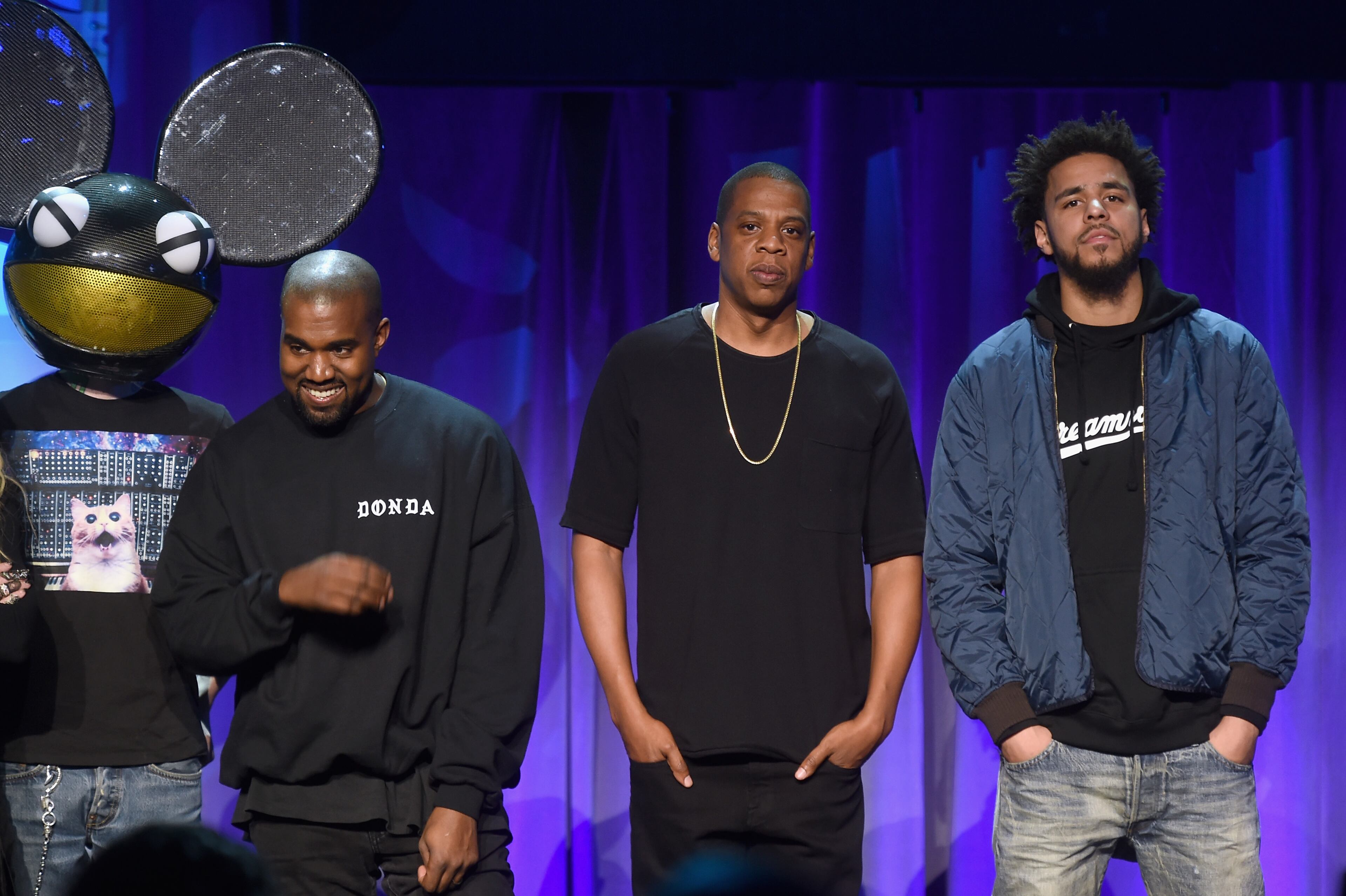 NEW YORK, NY - MARCH 30: (L-R) Deadmau5, Kanye West, JAY Z and J. Cole onstage at the Tidal launch event #TIDALforALL at Skylight at Moynihan Station on March 30, 2015 in New York City. (Photo by Jamie McCarthy/Getty Images for Roc Nation)