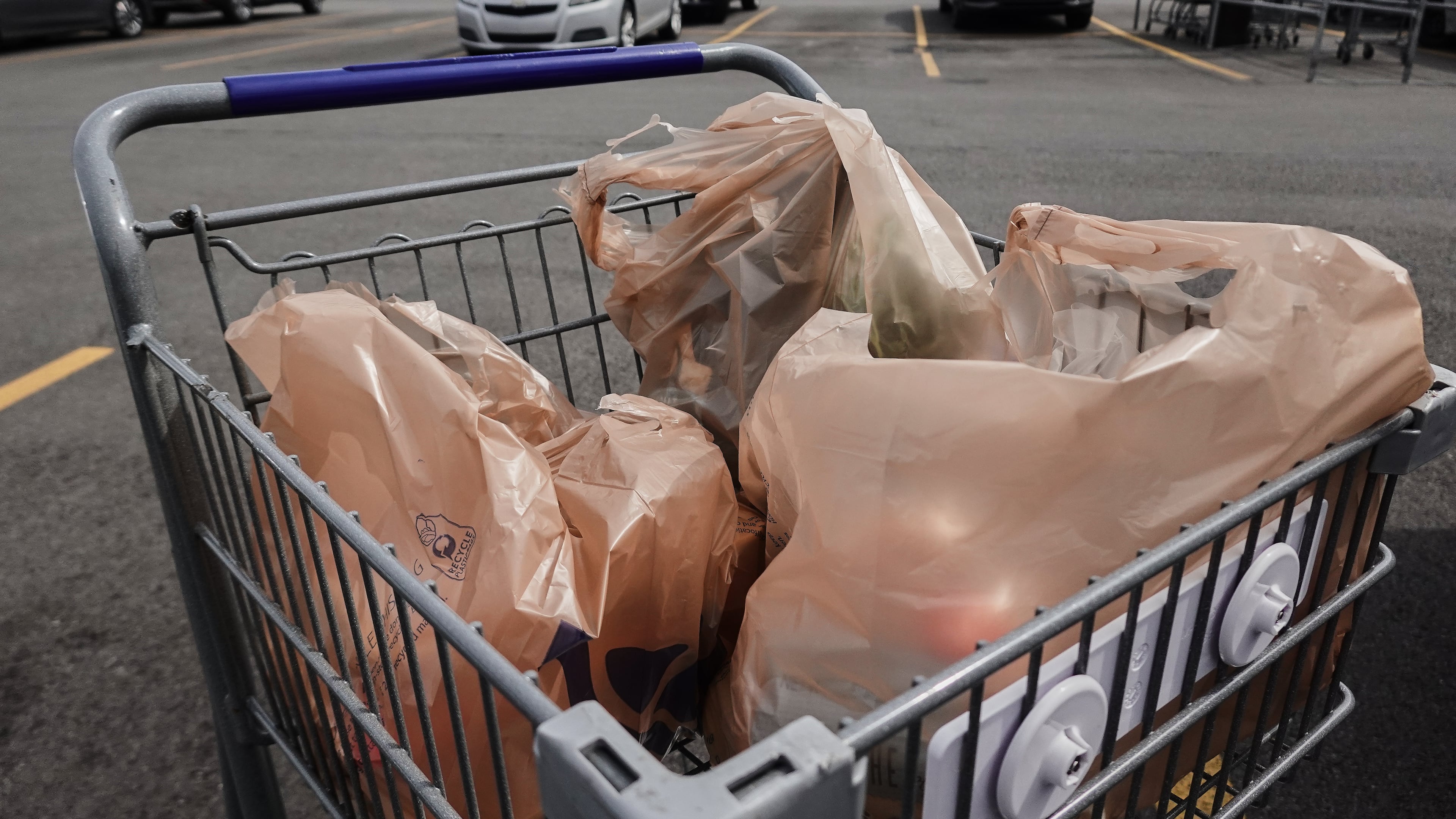 Plastic bags with groceries sit in a cart Monday, May 18, 2026, in Cincinnati. (AP Photo/Joshua A. Bickel)