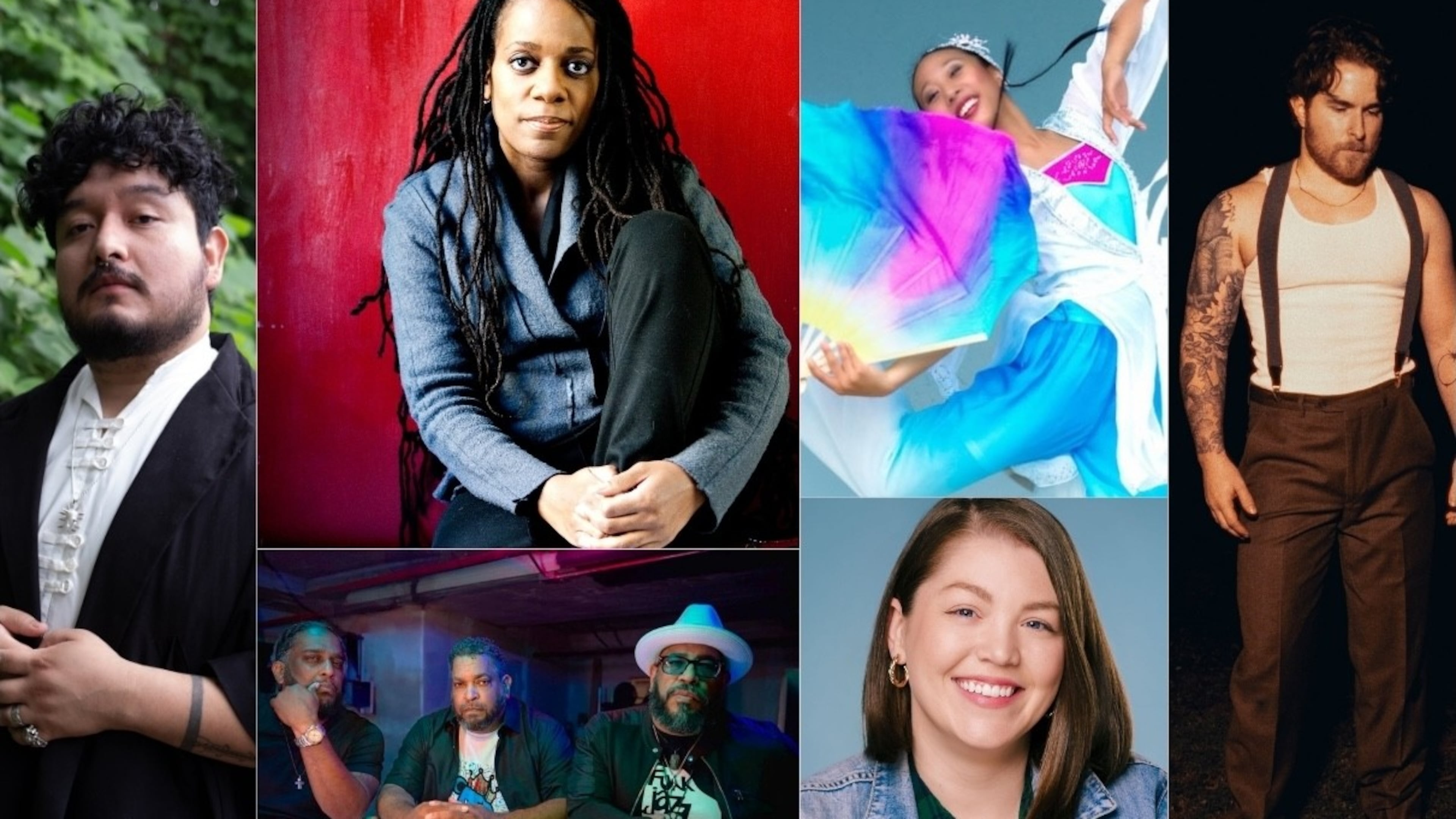 Atlanta artists to watch include (clockwise from left): visual artist Sergio Suárez, theater director Lydia Fort, choreographer Kerry Lee, singer-songwriter Ian Elliott, playwright Kira Rockwell and filmmakers the Horne Brothers. (Collage by ArtsATL)