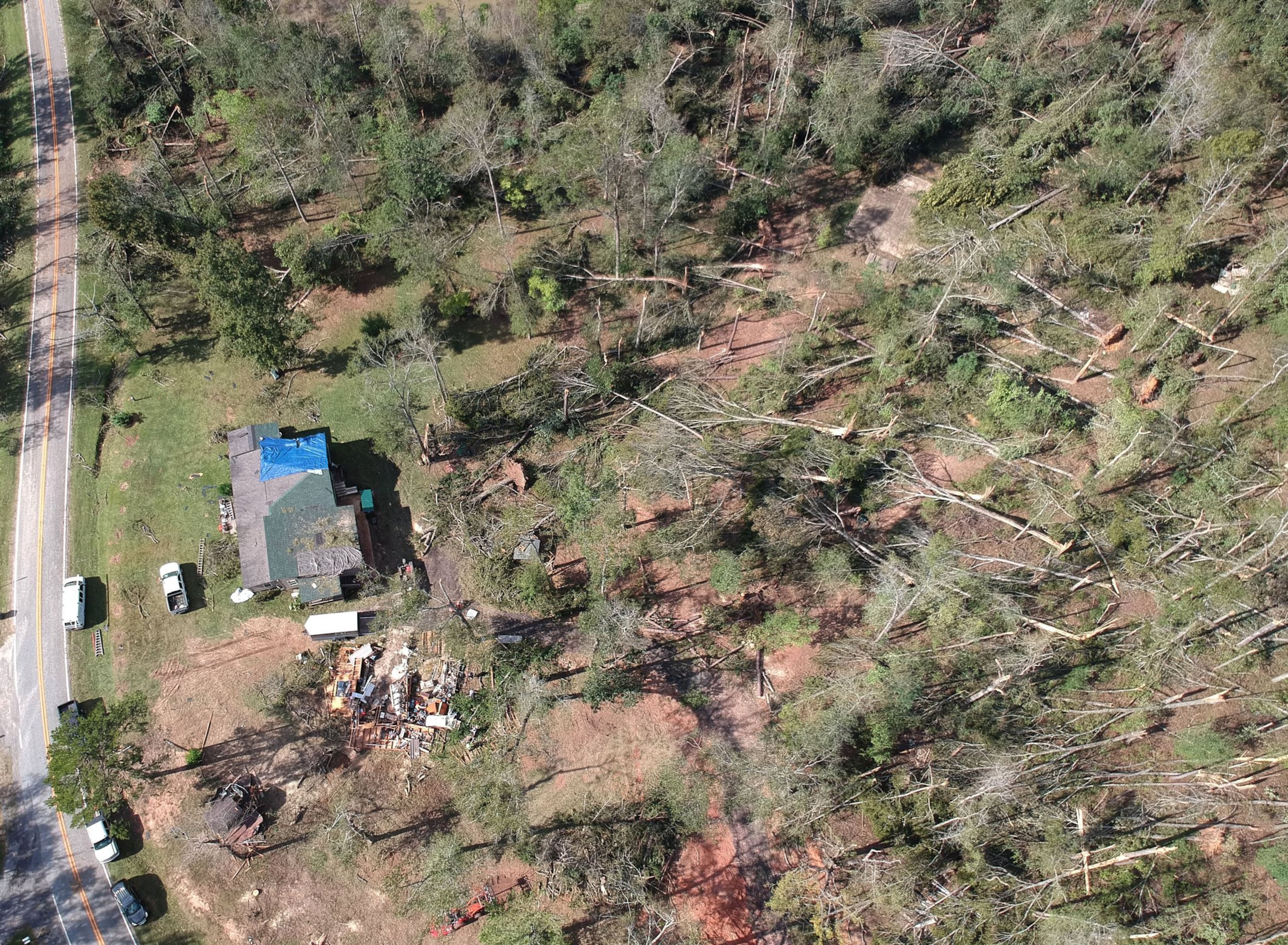 October 11, 2018 Roberta - Aerial view of damages by Tropical Storm Michael off Flint River Estates Road in Roberta on Thursday, October 11, 2018. Tropical Storm Michael swept out of Georgia before sunrise, leaving a trail of destruction in its wake. HYOSUB SHIN / HSHIN@AJC.COM