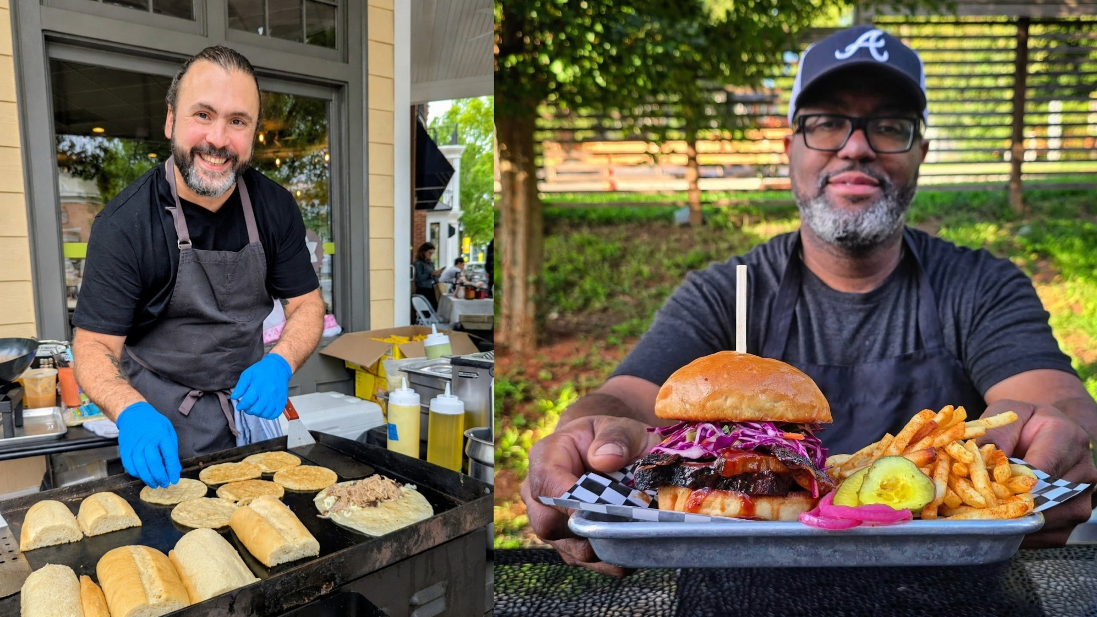 Papi Q’s Danny Bustamante (left) and Jimmie’s Jerk Barbecue’s Jimmie Jackson and his brisket sandwich will be hosting pop-ups. (Courtesy of Liz Hardy and Jimmie’s Jerk Barbecue, respectively)