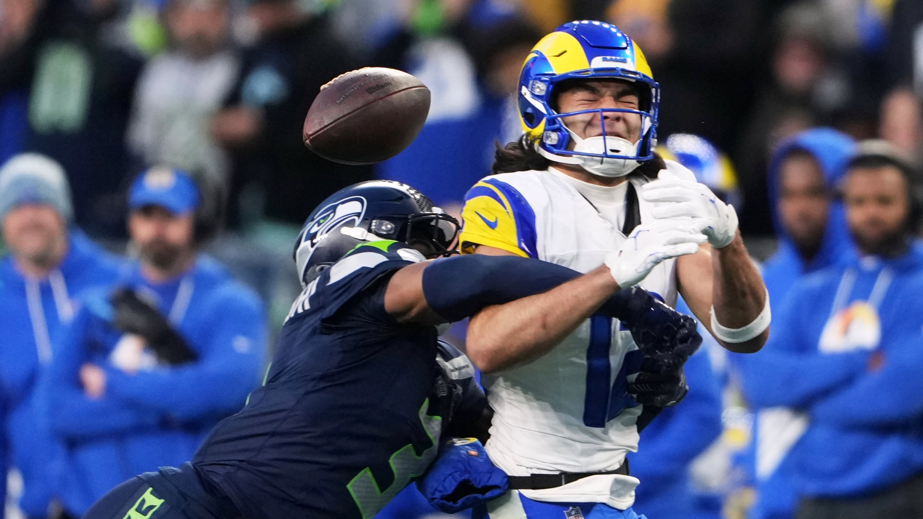 Seattle Seahawks safety Nick Emmanwori, left, breaks up a pass intended for Los Angeles Rams wide receiver Puka Nacua (12) during the first half of the NFC Championship NFL football game Sunday, Jan. 25, 2026, in Seattle. (AP Photo/Lindsey Wasson)