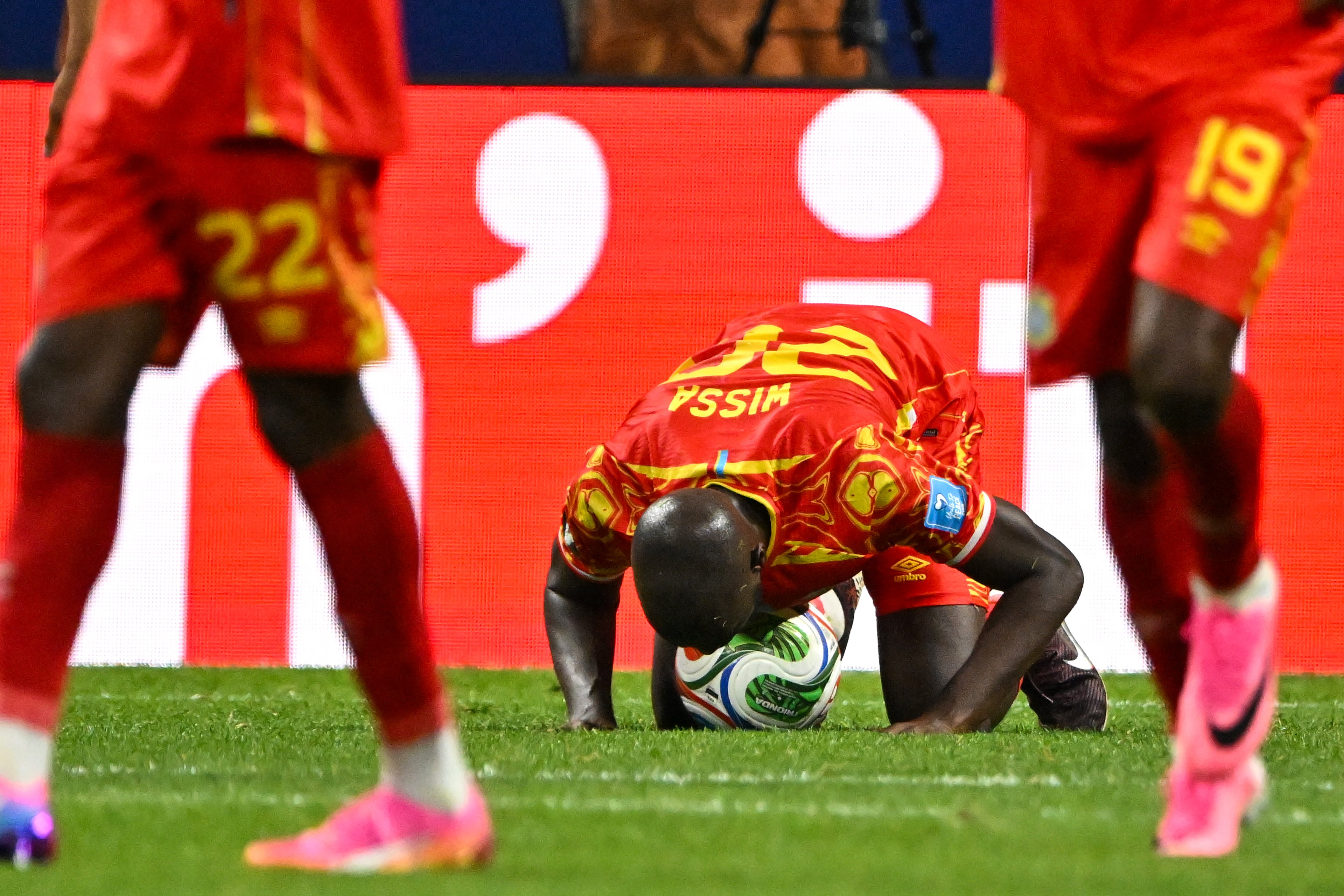 DR Congo forward Yoane Wissa (20) reacts after kicking a goal against Uzbekistan during the second half of a FIFA World Cup match at Atlanta Stadium (Mercedes-Benz Stadium) on Saturday, June 27, 2026, in Atlanta. (Hyosub Shin/AJC)