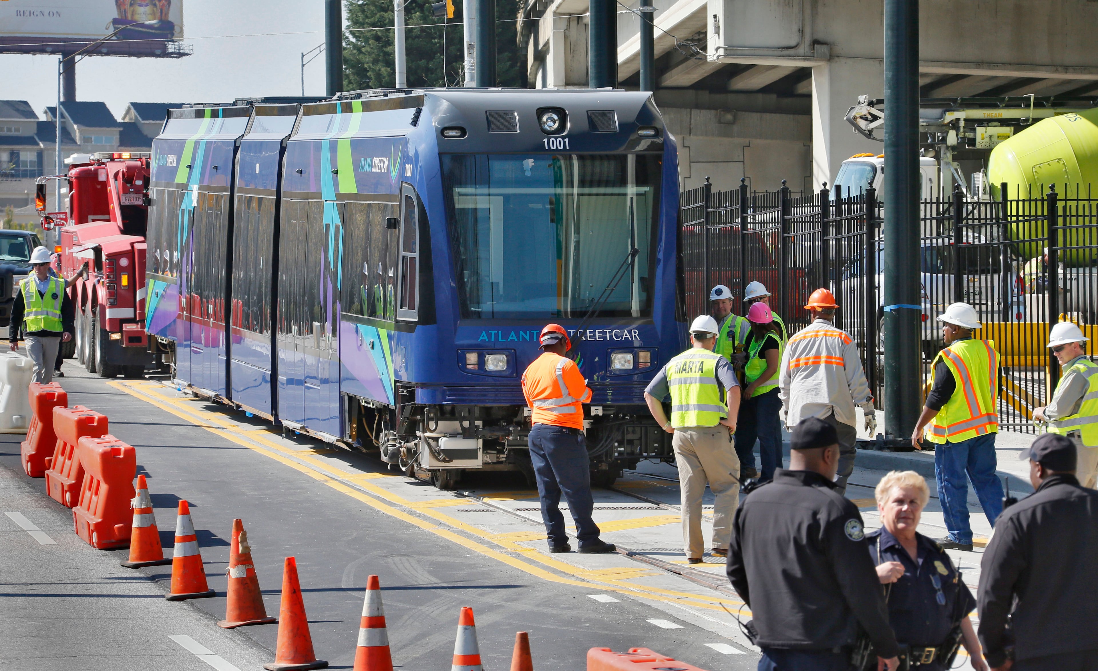 The new Atlanta Streetcars made a public appearance today as they were pushed along the new tracks on Auburn Avenue. Spokeswoman Sharon Gavin said the city needed to move the two streetcars to make way for wiring installation inside of the vehicle maintenance facility, which will allow them to move on their own.