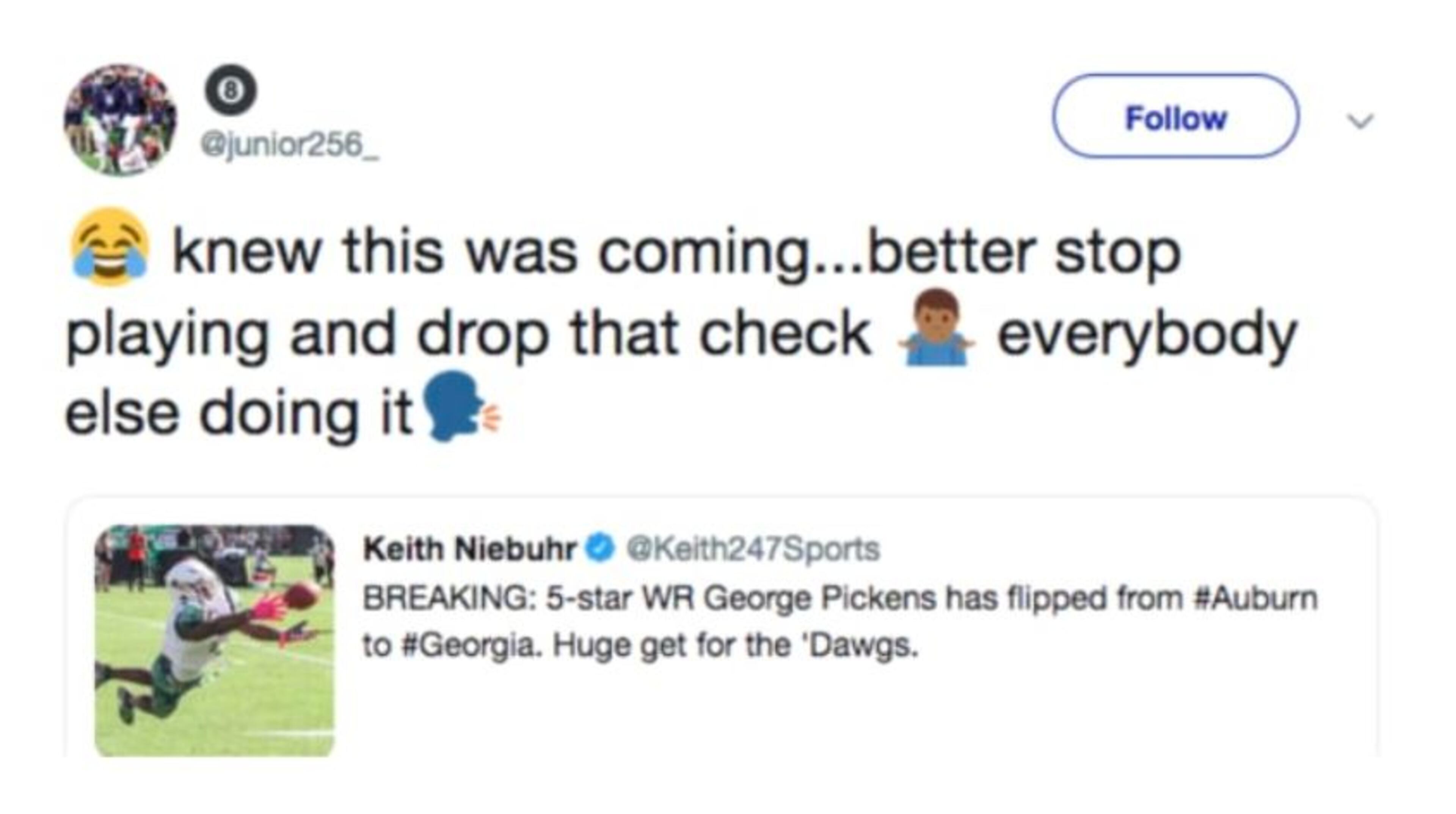 This tweet by Auburn defensive tackle Coynis Miller was later deleted.