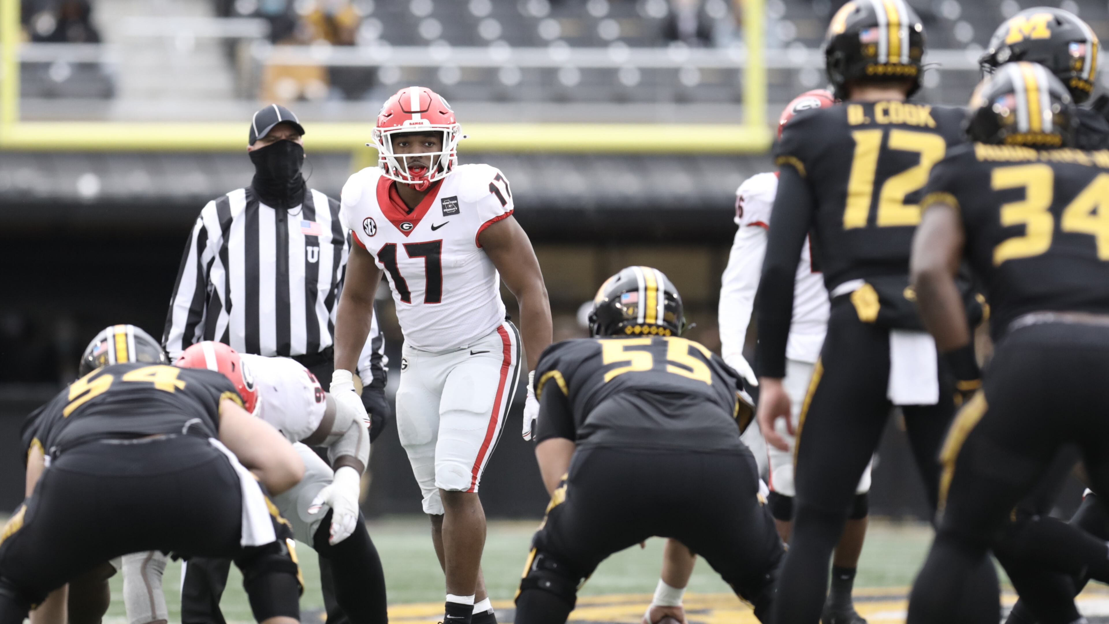 Georgia's Nakobe Dean (17) played almost the entire 2020 season with a torn labrum in his shoulder. Offseason surgery has taken can of that and he pronounced himself completely healthy for the 2021 season, which got underway with preseason practices on Friday. (Photo by Cassie Florido/UGA Athletics)