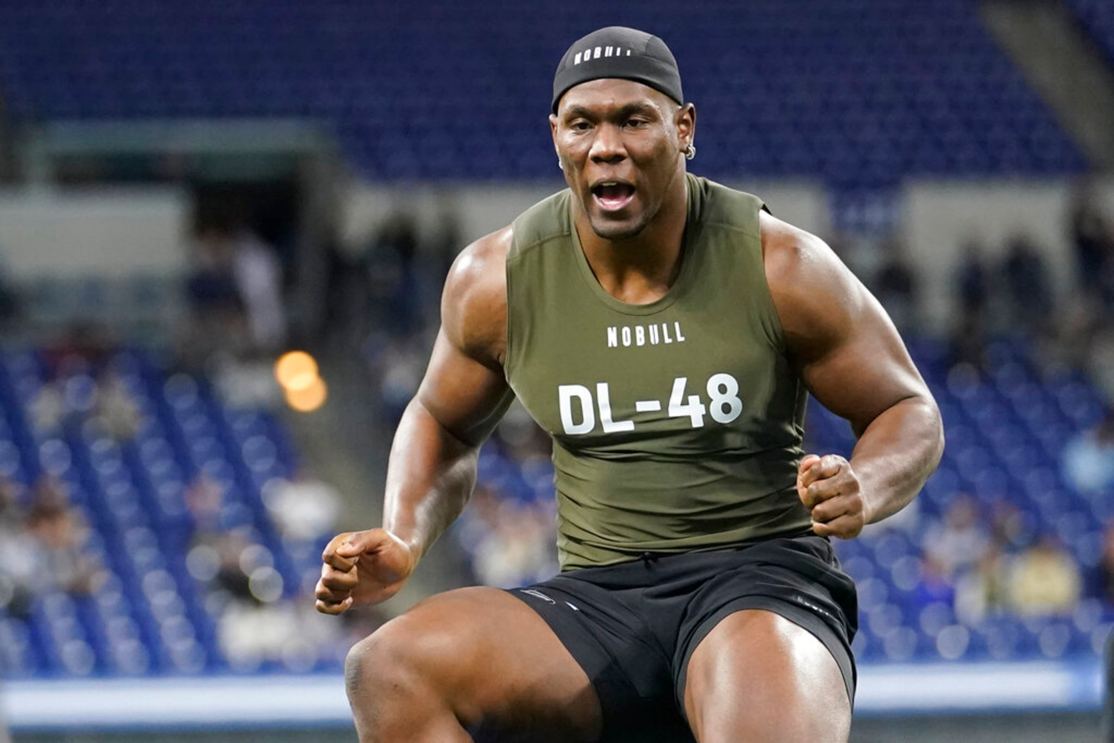 Georgia Tech defensive lineman Keion White runs a drill at the NFL football scouting combine in Indianapolis, Thursday, March 2, 2023. (AP Photo/Michael Conroy)