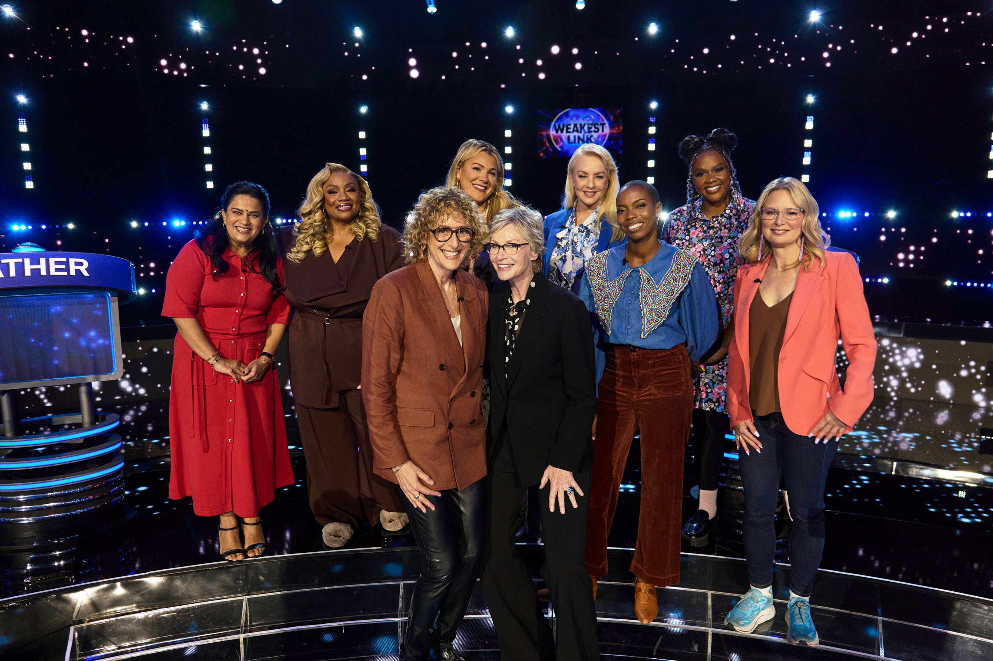 The cast of the "Ladies Who Laugh" episode of "Celebrity Weakest Link" gets together at Trilith Live in Fayetteville on June 12, 2026. (Tom Griscom/Courtesy of FOX)