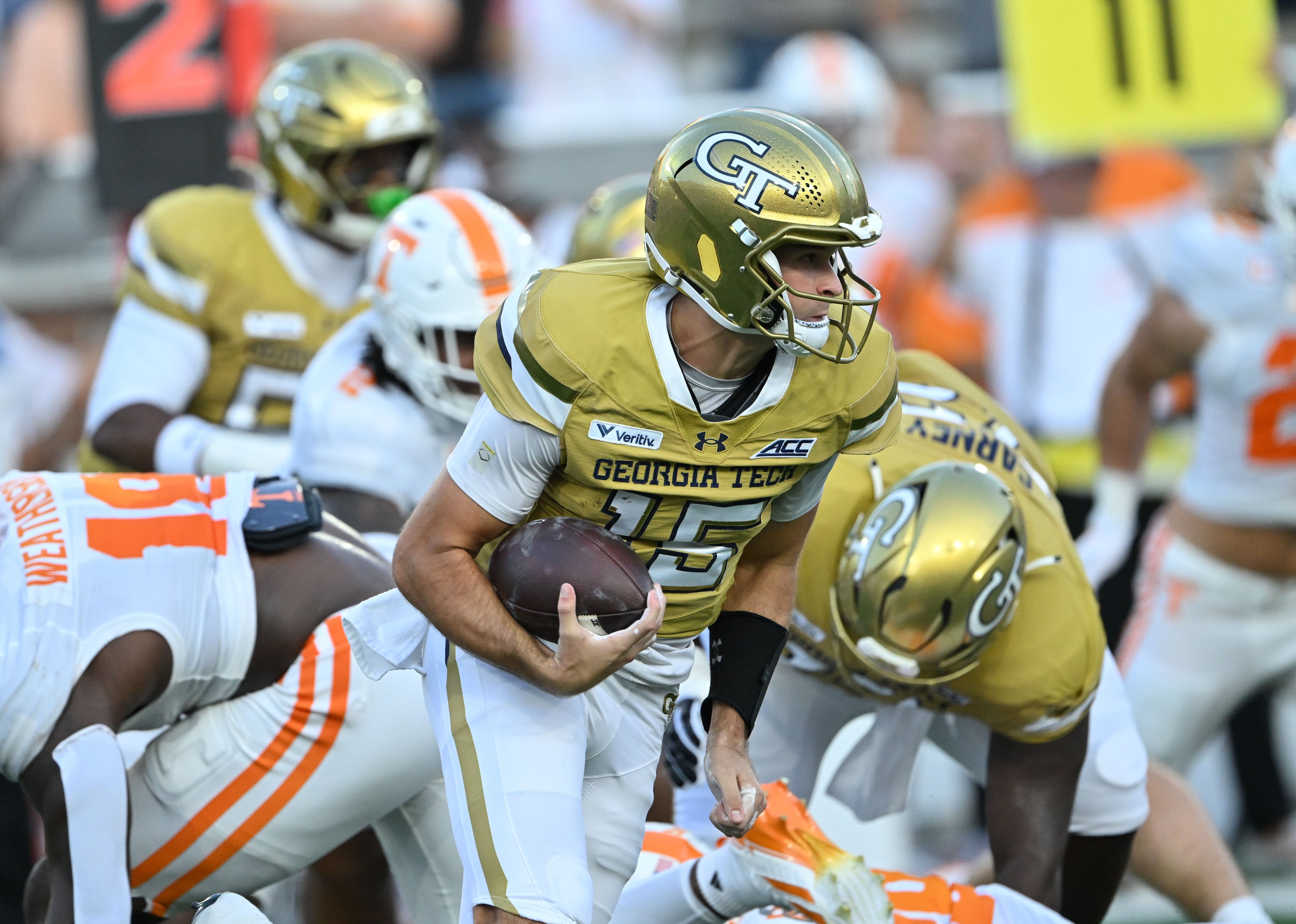 Georgia Tech quarterback Alberto Mendoza runs the ball during the first half of the game against Tennessee at Bobby Dodd Stadium on Saturday, Sept. 12, 2026, in Atlanta. The Yellow Jackets lost 45-24 against the Volunteers. (Hyosub Shin/AJC)