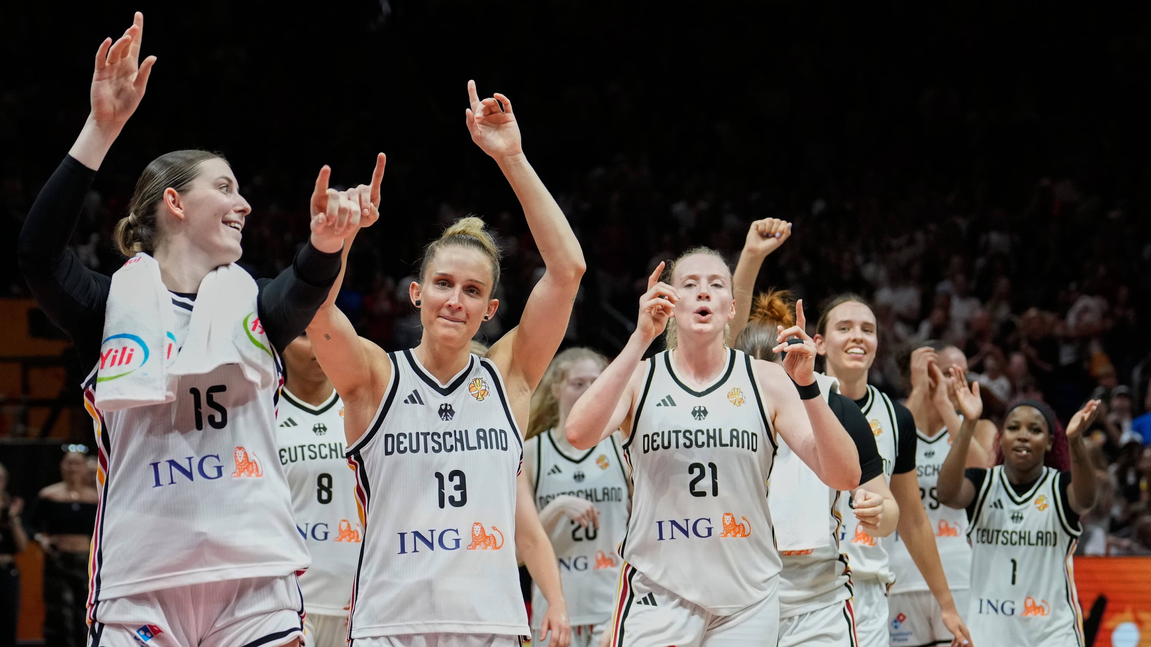 German players celebrate after the Women's Basketball World Cup match between the Germany and Mali in Berlin, Monday, Sept. 7, 2026. (AP Photo/Ebrahim Noroozi)