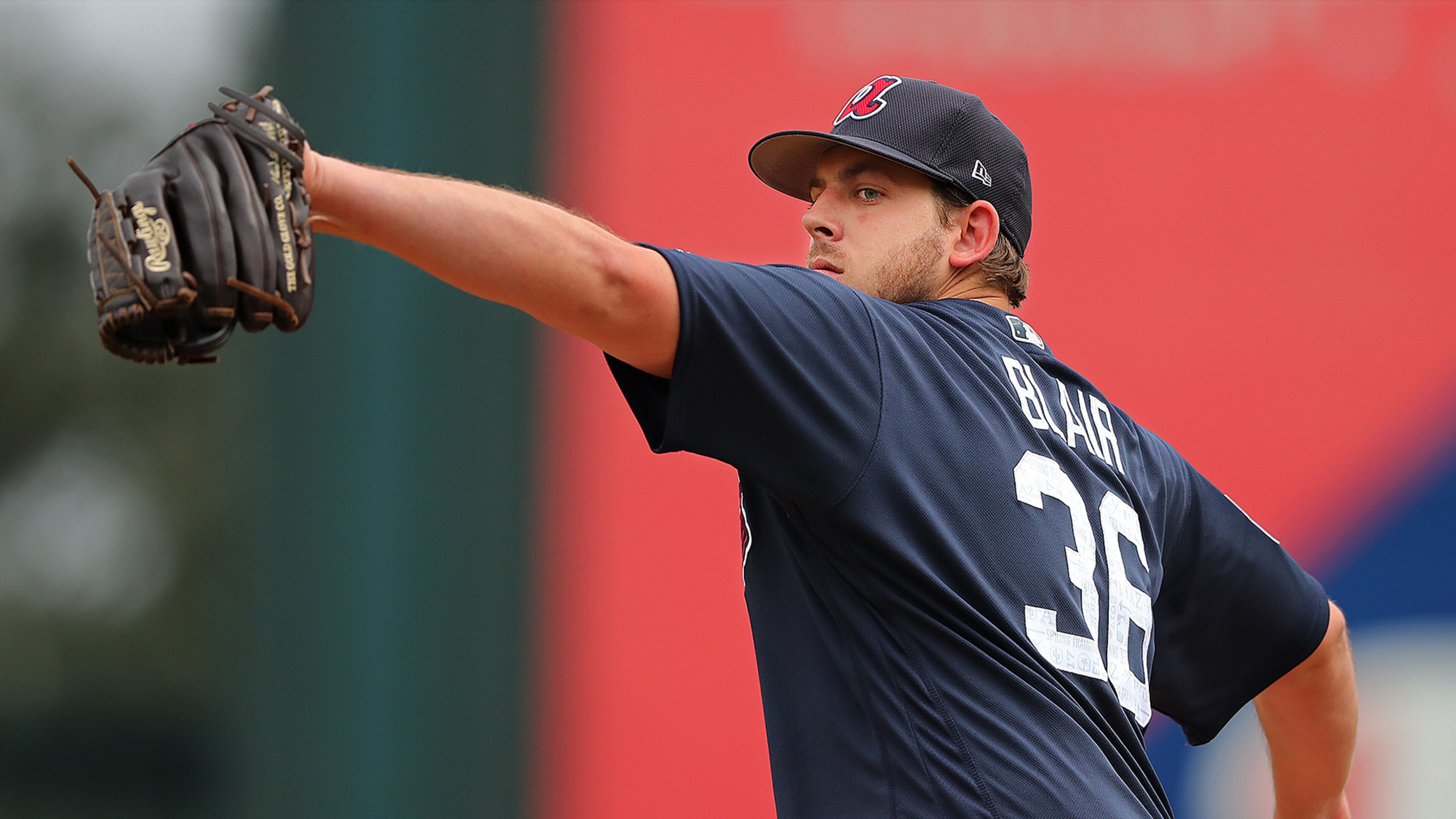 February 18, 2017, Lake Buena Vista, FL: Atlanta Braves pitcher Aaron Blair delivers a pitch during the first full squad workout at Champion Stadium on Saturday Feb. 18, 2017, at the ESPN Wide World of Sports in Lake Buena Vista. Curtis Compton/ccompton@ajc.com